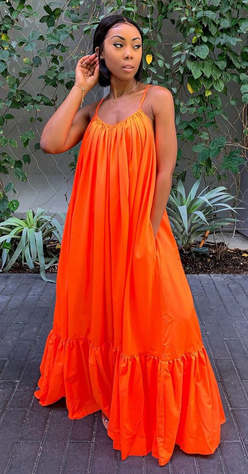 Women's Sexy Sleeveless Spaghetti Strap Maxi Dress with Ruched Detail & Ruffle Hem - Plus Size Beach Cover Up, Summer Party, Vacation Swing Dress