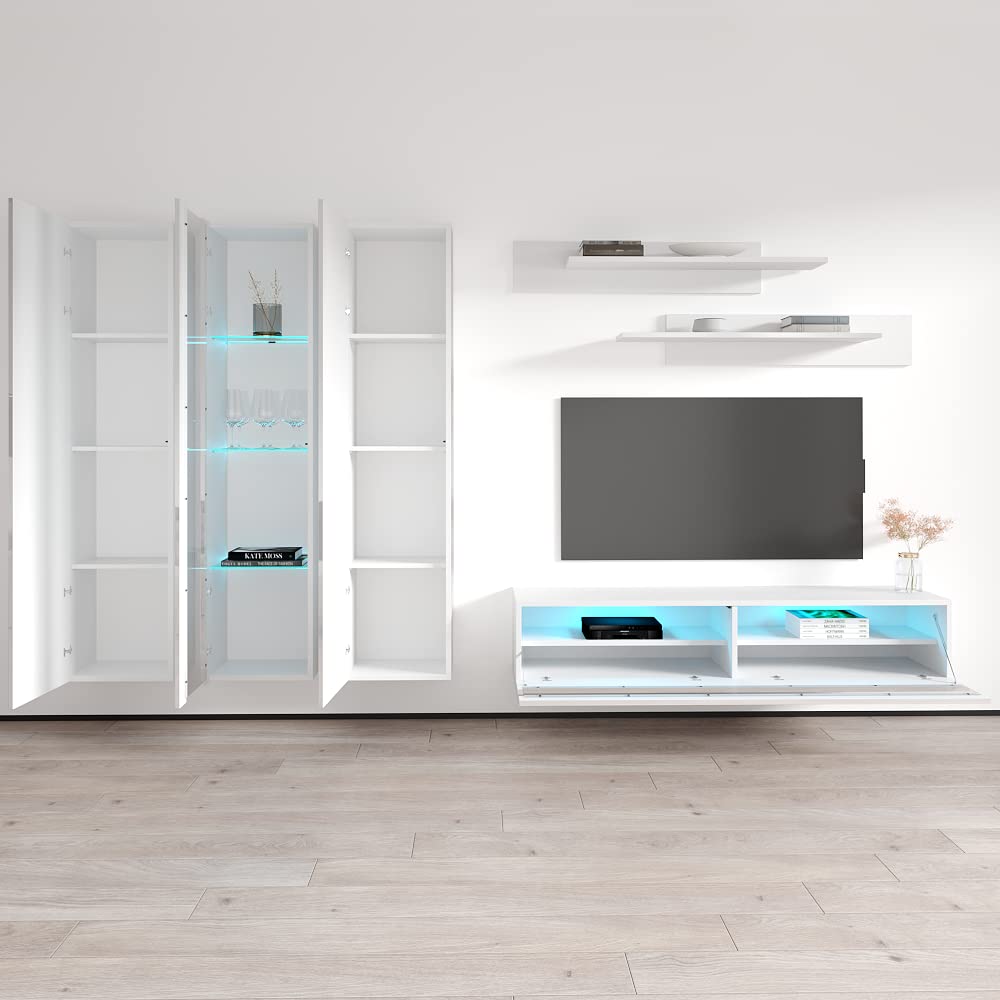 Modern White Wall-Mounted TV Stand with Storage Shelves & LED Lights - 35