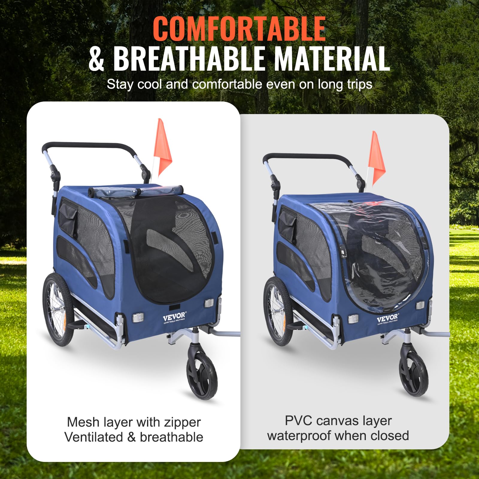 VEVOR 2-in-1 Dog Bike Trailer & Pet Stroller - 100 lbs Capacity, Foldable Bicycle Carrier with Quick Release Wheels, Universal Coupler, Safety Reflectors & Flag (Blue/Black) - Perfect for Cycling Adventures & Daily Walks with Your Pet