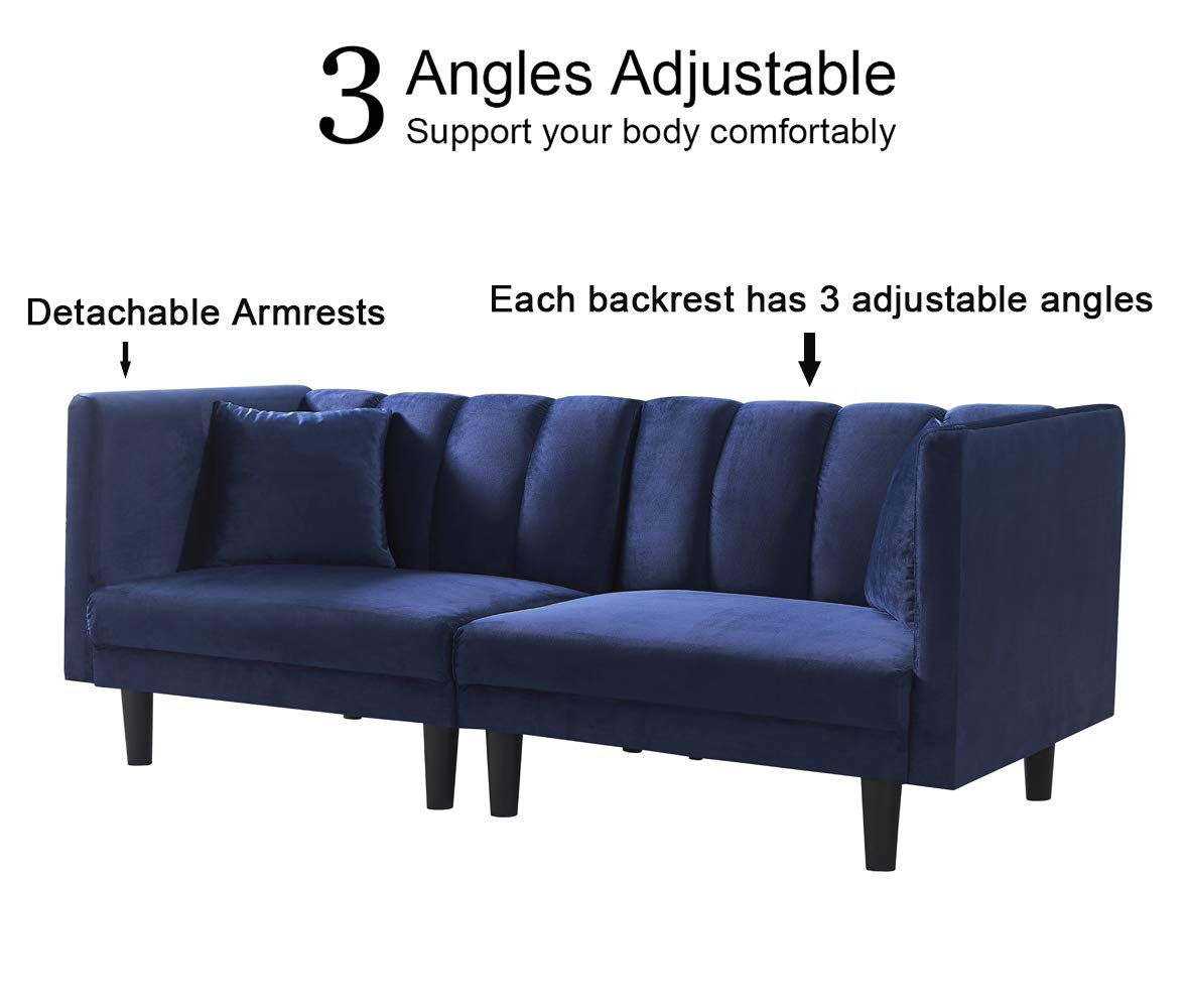 SLEERWAY Velvet Futon Sofa Bed - Modern Convertible Sleeper Sofa with 3 Adjustable Angles & 2 Pillows - Navy Blue Small Loveseat for Living Room, Guest Room & Small Spaces