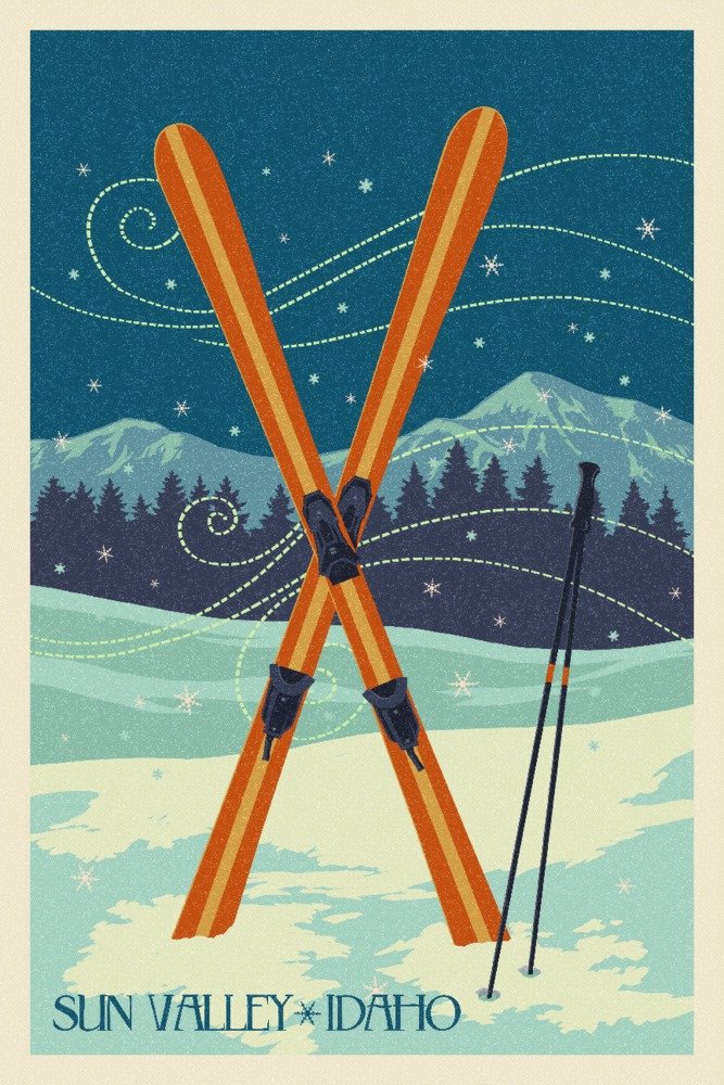 Sun Valley Idaho Crossed Skis Letterpress Art Print - 12x18 Inch Vintage Ski Poster for Wall Decor, Cabin & Ski Lodge Aesthetic