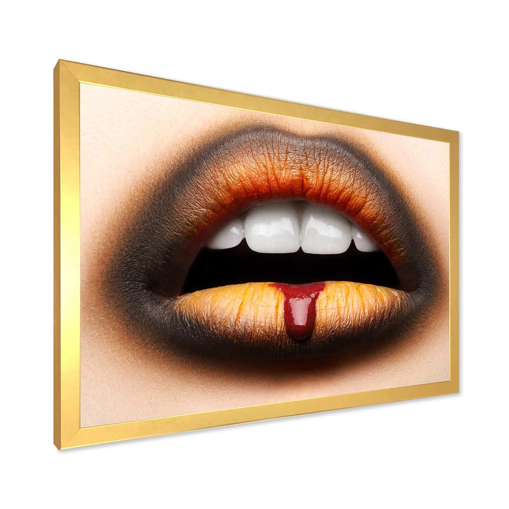 DesignQ Modern Framed Wall Art - Black & Orange Lipstick Female Lips Painting - Perfect for Living Room, Bedroom, Office Decor