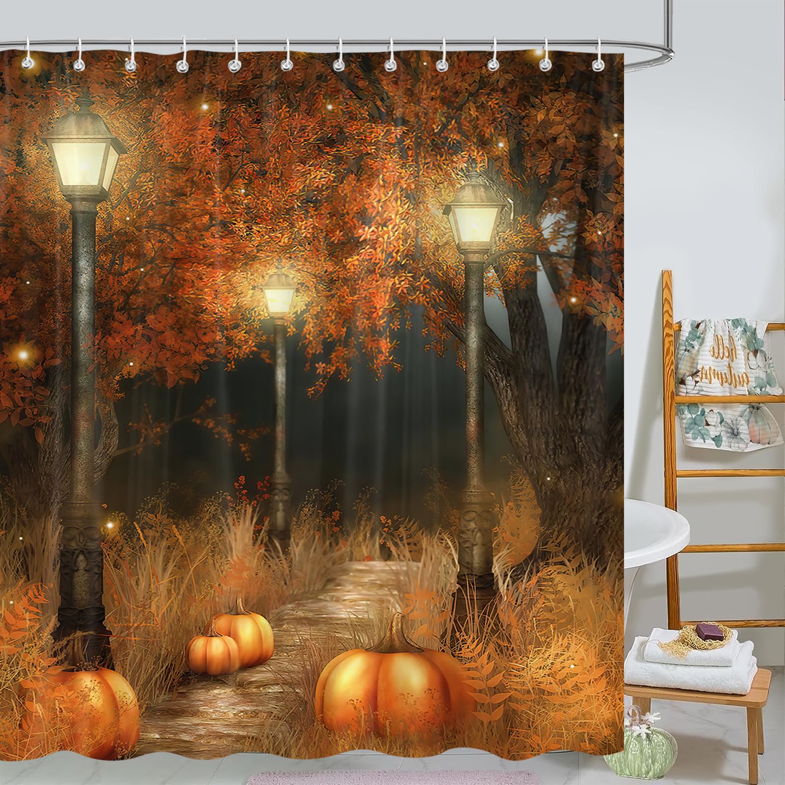Thanksgiving Shower Curtain Set - Autumn Pumpkin Halloween Bathroom Decor with Brown Tree Design, 72x72 Inches Waterproof Fabric Shower Curtain Includes Hooks - Perfect for Fall Bathroom Decorations & Holiday Home Decor