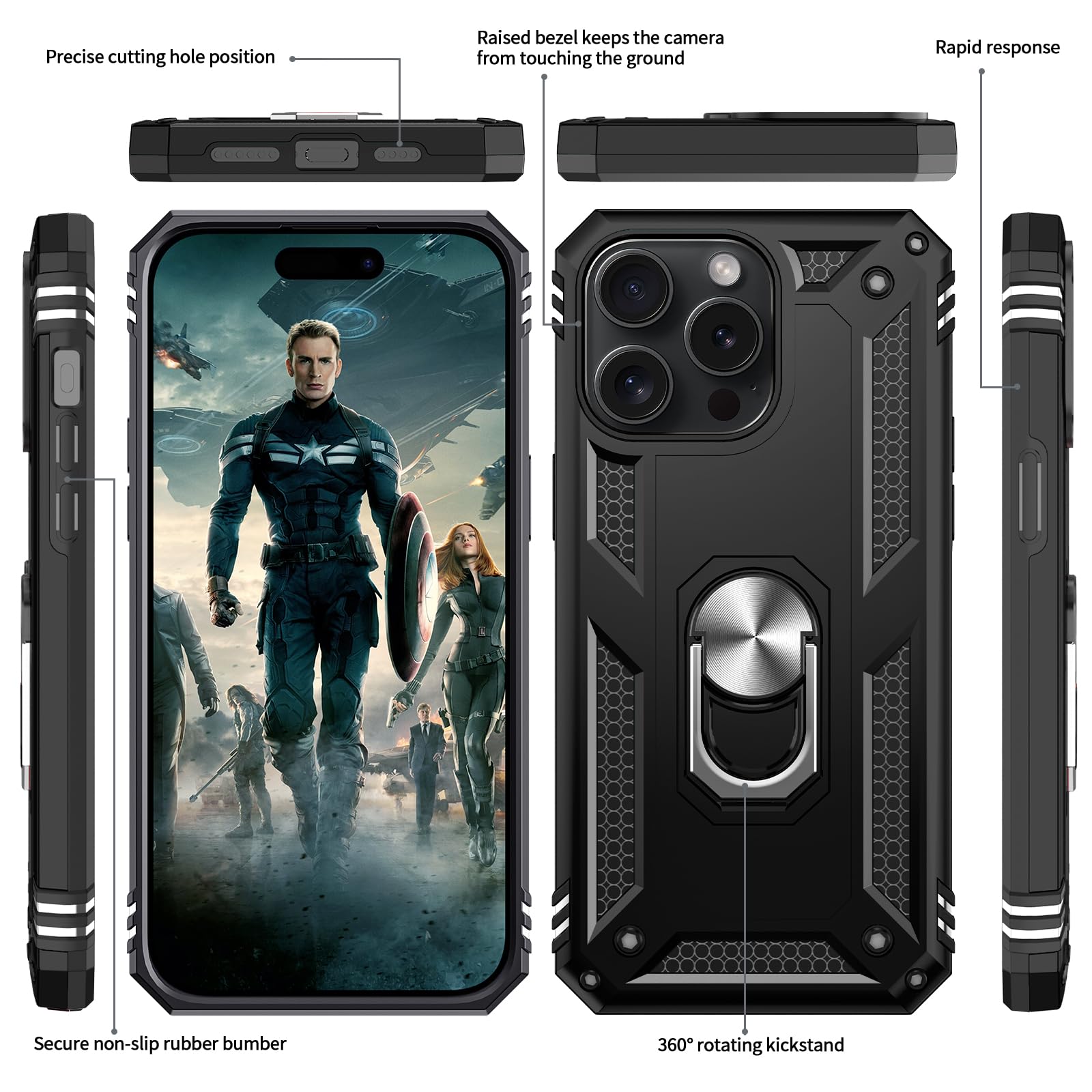 Military-Grade Shockproof iPhone 15 Pro Max Case (6.7 inch) with Kickstand & Ring Holder - Includes 2-Pack Tempered Glass Screen Protectors - Black | Perfect for Outdoor Activities, Travel, and Daily Protection