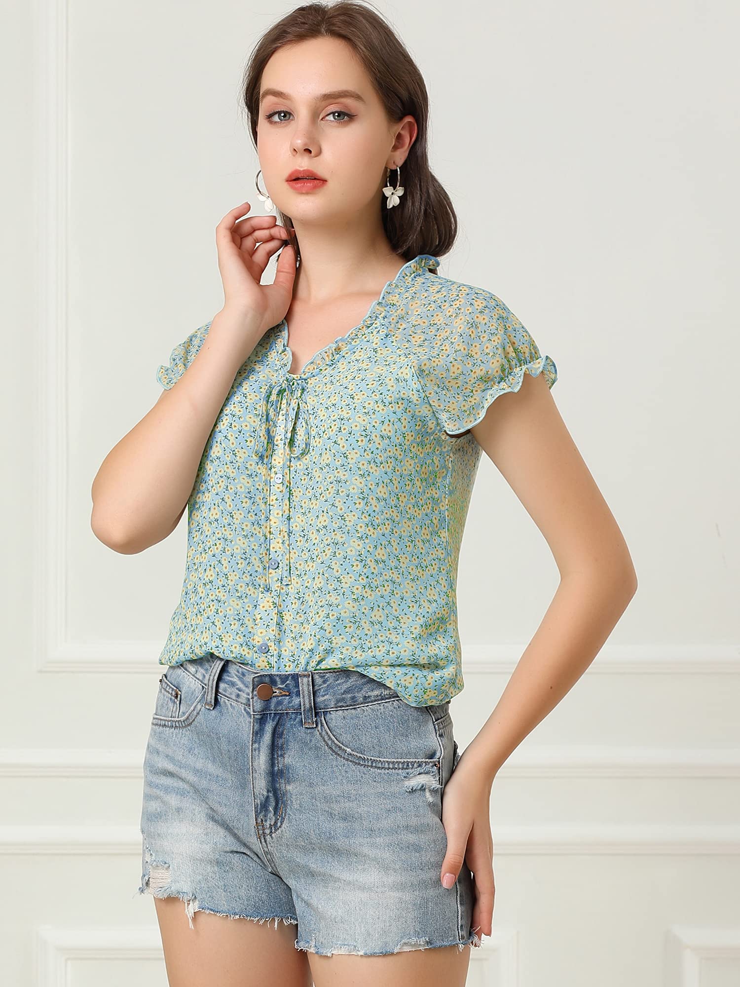 Allegra K Women's Floral Print V-Neck Chiffon Blouse - Short Cap Sleeve Ruffled Summer Top for Casual Wear, Office & Date Night Outfits