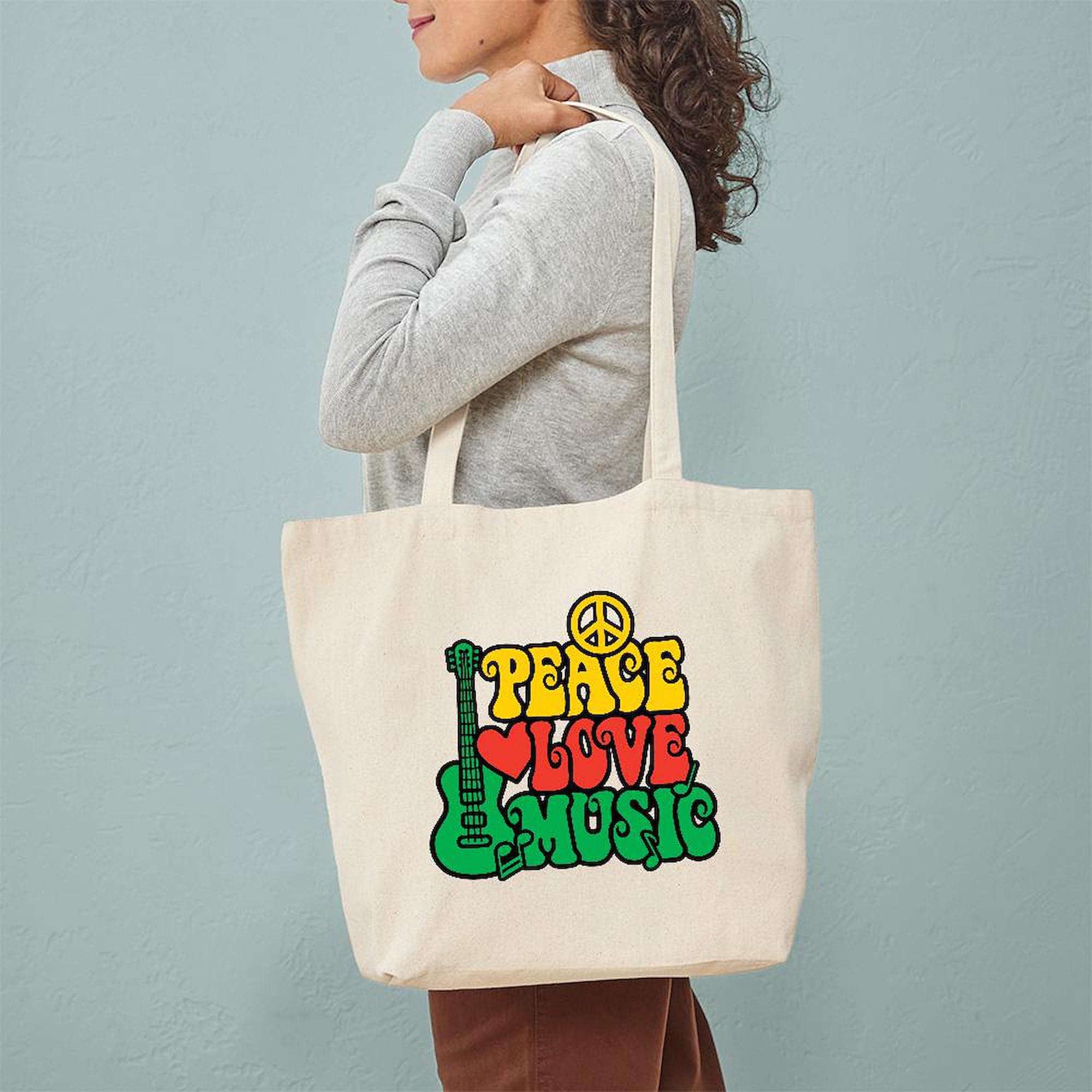 Reggae Peace Love Music Tote Bag - Eco-Friendly Natural Canvas Reusable Shopping Bag for Groceries, Beach & Daily Use