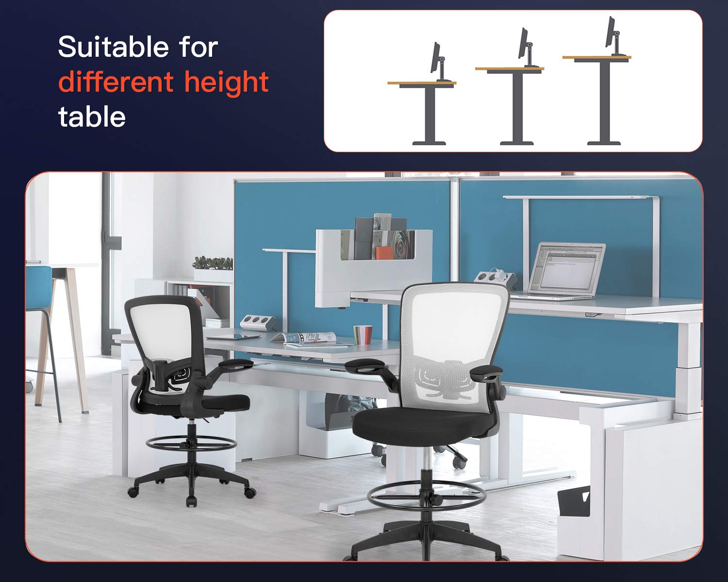 Ergonomic Drafting Chair - Adjustable Height Office Chair with Lumbar Support, Arms & Footrest - White Mesh Swivel Rolling Stool for Standing Desks - Perfect for Architects, Artists & Home Office Workspaces