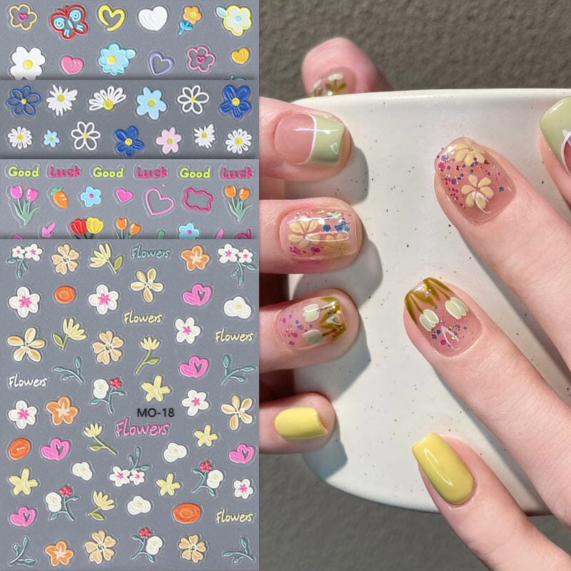 3D Flower Cartoon Nail Stickers - 18 Unique Designs for DIY Nail Art | Perfect for Parties, Weddings & Everyday Wear