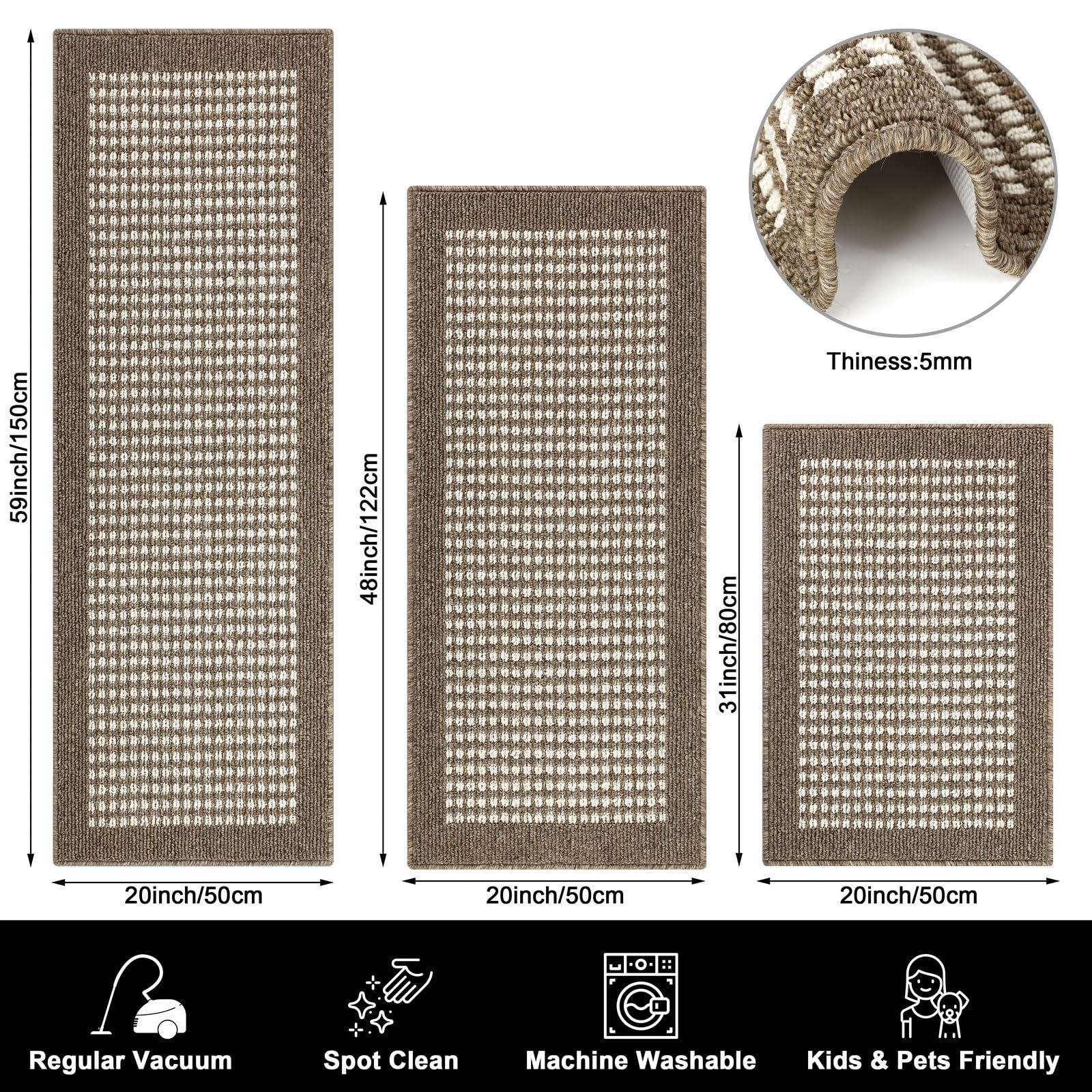 **Ileading 3-Piece Non-Slip Kitchen Mat Set - Minimalist 3D Lattice Design, Machine Washable, Farmhouse Style Floor Rugs for Kitchen, Laundry, Hallway & Entryway (Brown)**    *Perfect for adding comfort and style to high-traffic areas while preventing slips and spills!*