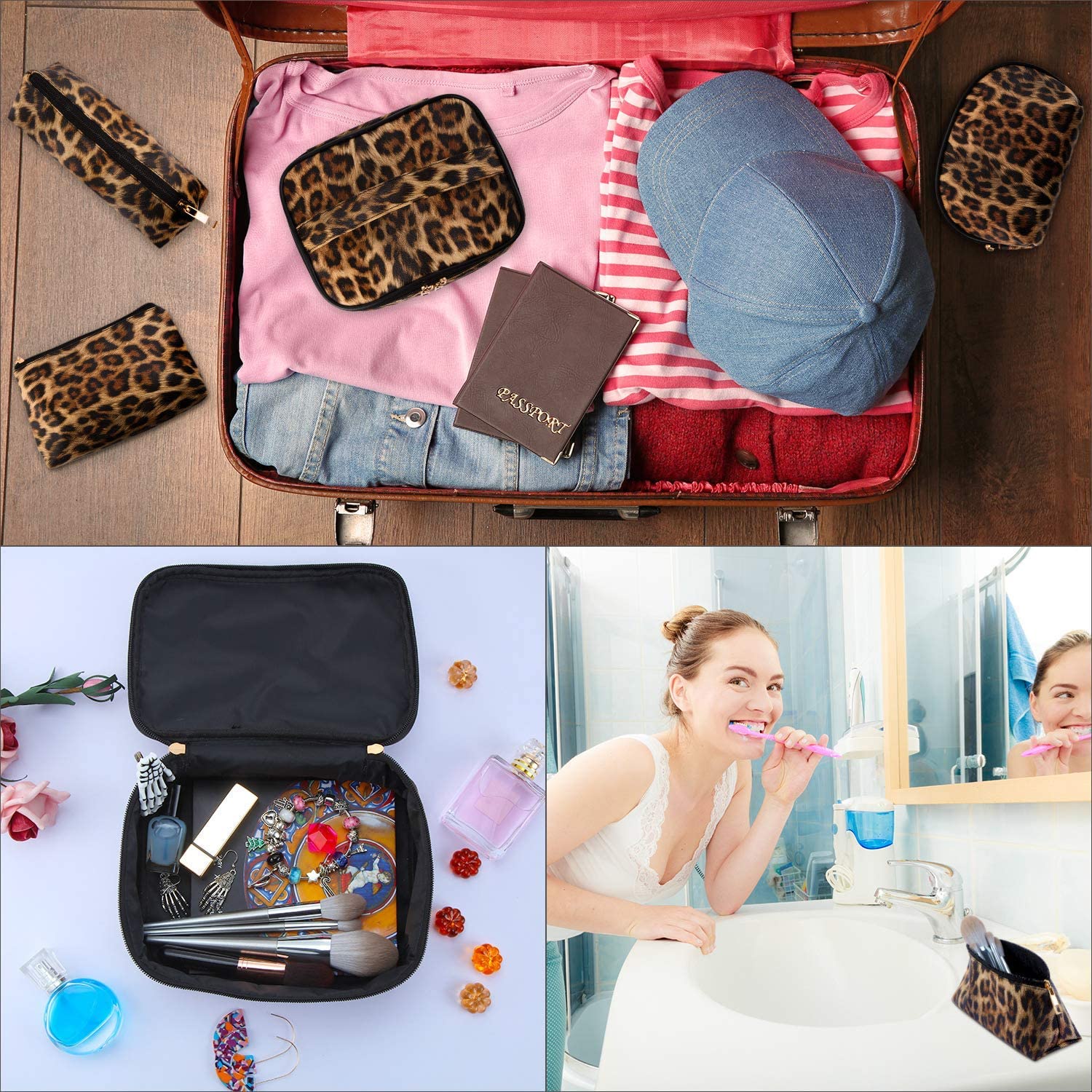 Leopard Print Makeup Bag for Women - Cheetah Pattern Travel Cosmetic Pouch & Brush Organizer - Waterproof Toiletry Bag for Gym, Vacation, and Daily Use
