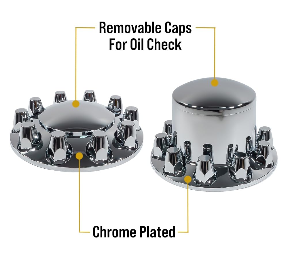 Mytee Products Complete Wheel Chrome Axle Cover Set - 33mm Threaded Lug Nut Covers for Semi Trucks, Freightliner, Volvo - Removable Hub Caps Kit (2 Front & 4 Rear) - Heavy Duty Truck Accessories for Enhanced Protection & Style