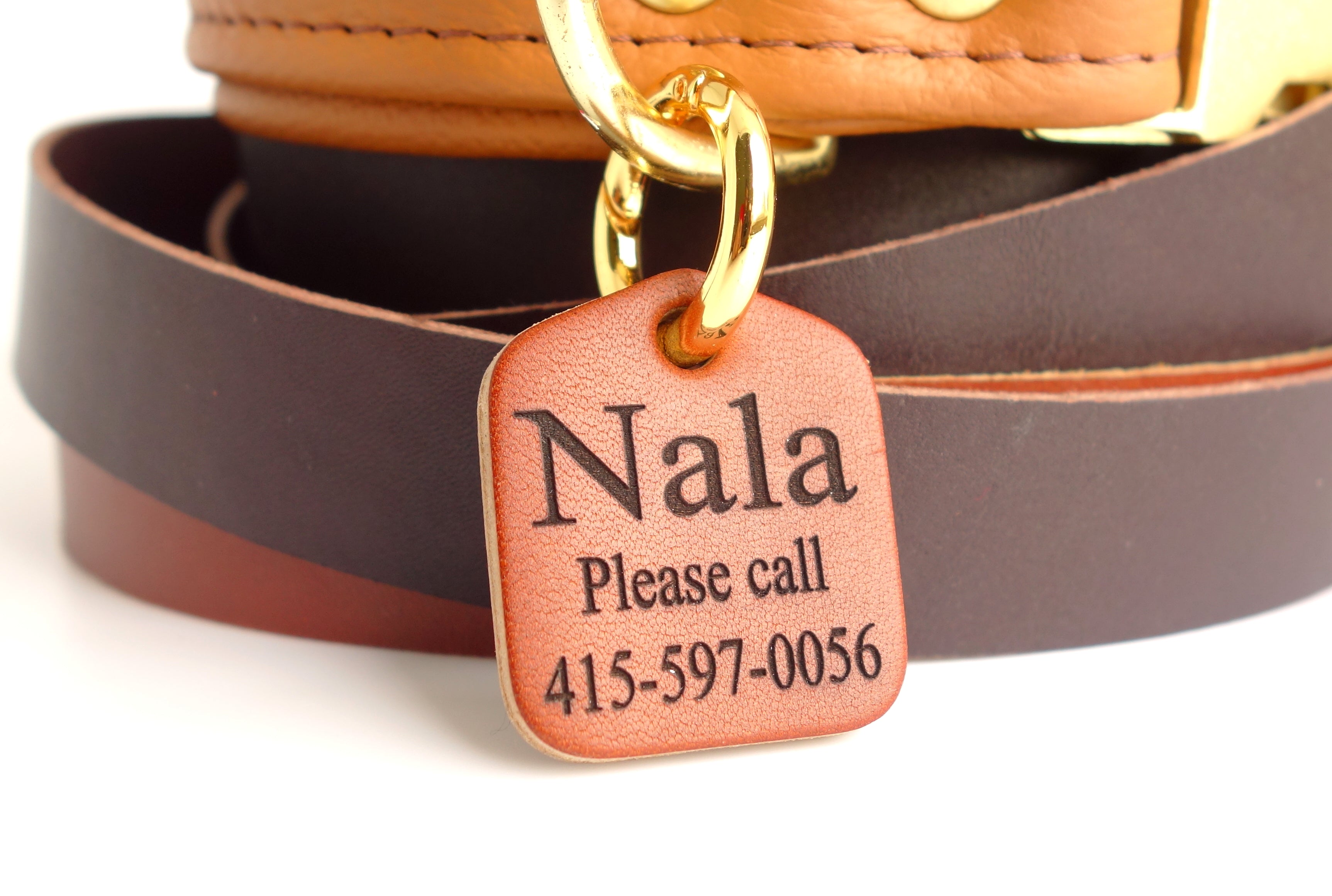 Personalized Leather Dog Collar ID Tag with Spring Ring - Custom Pet Name & Phone Number - Perfect for Daily Walks, Travel & Outdoor Adventures