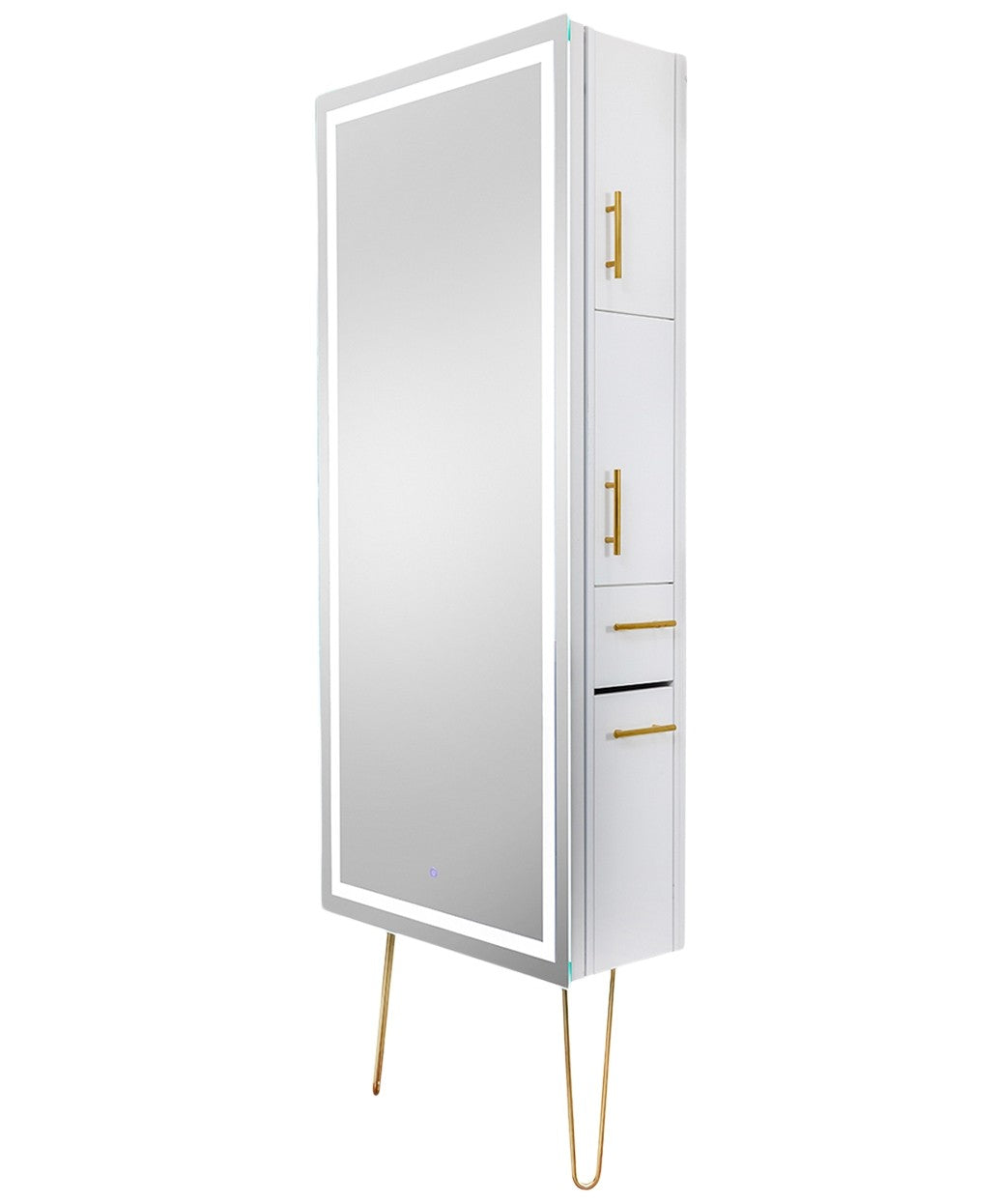 Premium LED Salon Mirror with Storage Station & Gold Legs - Perfect for Makeup Vanity, Dressing Room, and Beauty Salon Use