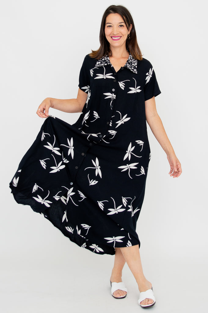 Cissy Women's Short Sleeve Summer Dress with Blue & White Dragonfly Print - Perfect for Beach Vacations, Garden Parties & Casual Outings