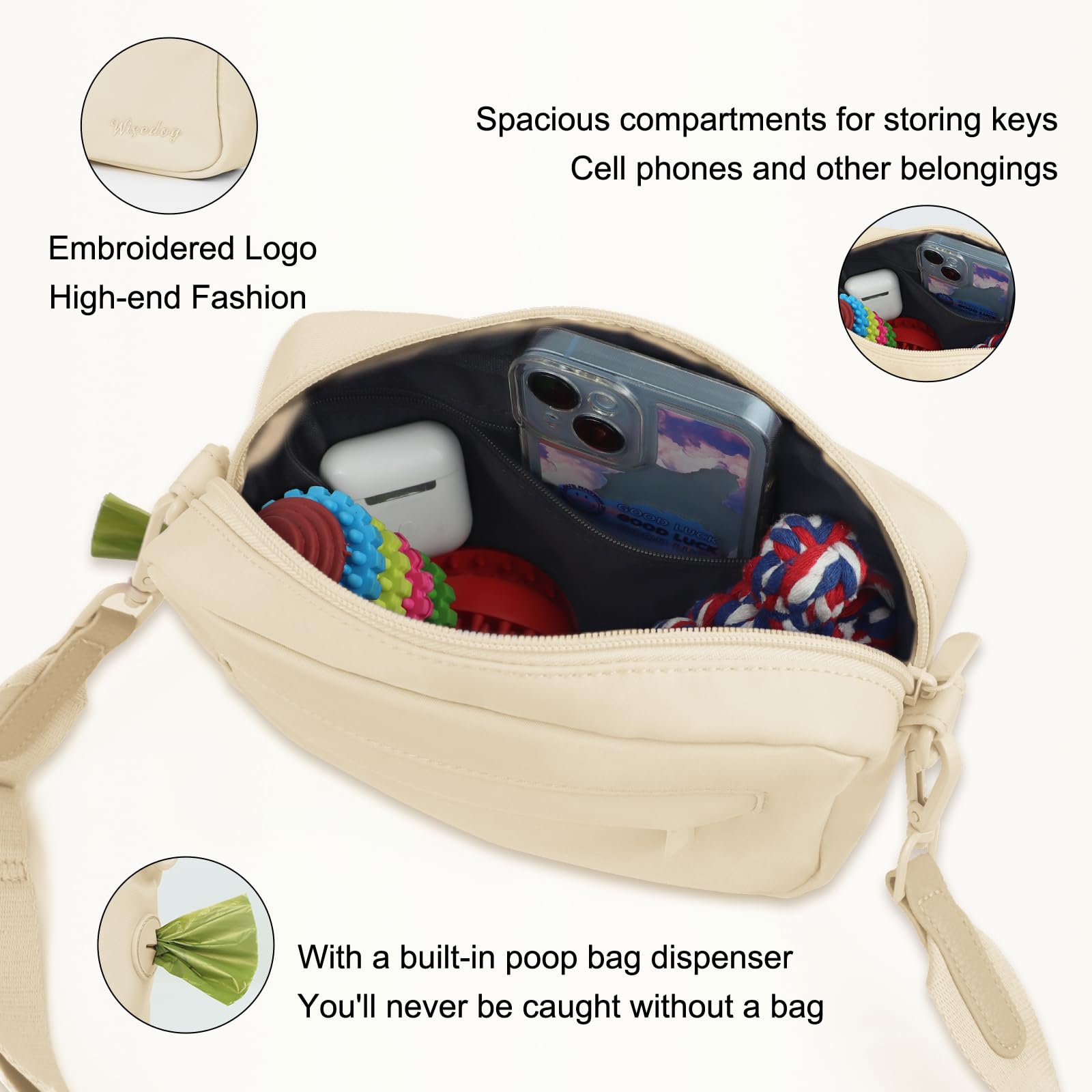Wisedog Waterproof Dog Treat Pouch - Durable Dog Training Bag with Built-in Poop Bag Dispenser | Hands-Free Fanny Pack & Crossbody Bag for Small Medium Large Dogs | Perfect for Outdoor Walks, Hiking & Pet Training (Sand Color)