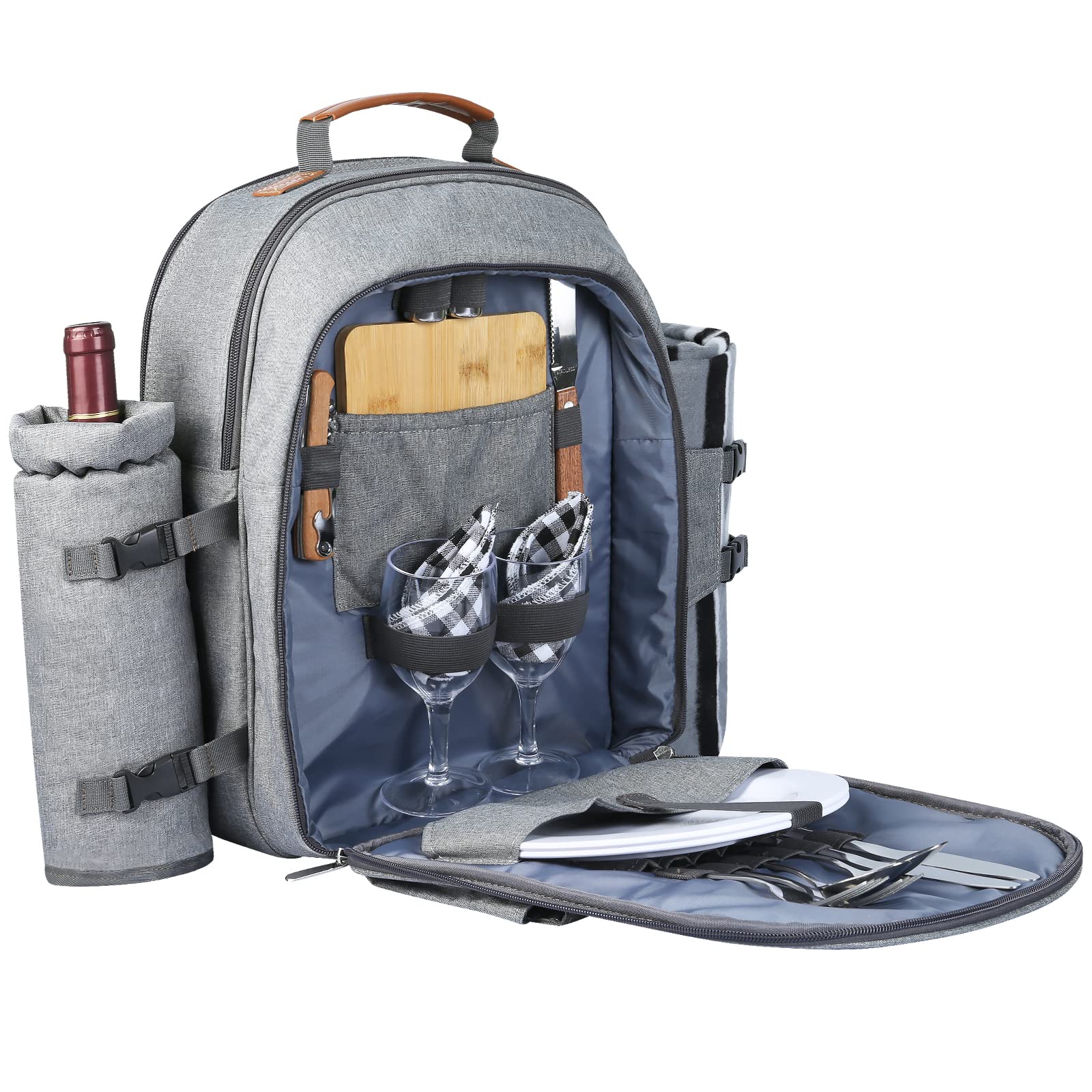 Sunflora Insulated Picnic Backpack for 2 - Portable Cooler Bag with Wine Holder, Picnic Blanket & Stainless Steel Utensil Set | Perfect for Couples, Outdoor Dates, Beach Trips & Camping (Grey)
