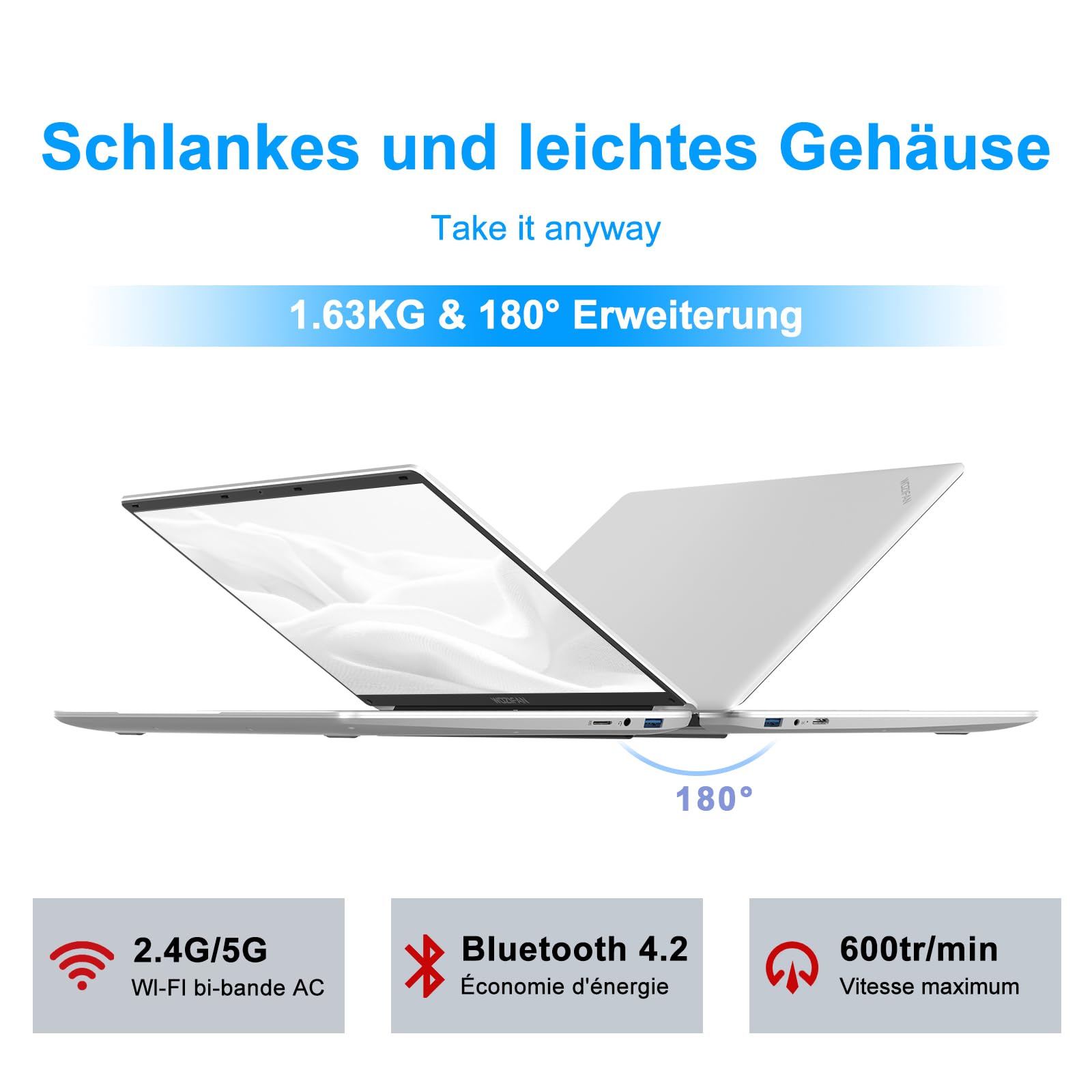 WOZIFAN 15.6 Inch Laptop - 256GB SSD, 2.4G+5G WiFi, 1080P FHD, Windows 11, Up to 2.8GHz, Bluetooth, USB, HDMI - Includes Wireless Mouse & German Keyboard Sticker (Silver) - Perfect for Work, Study, and Entertainment