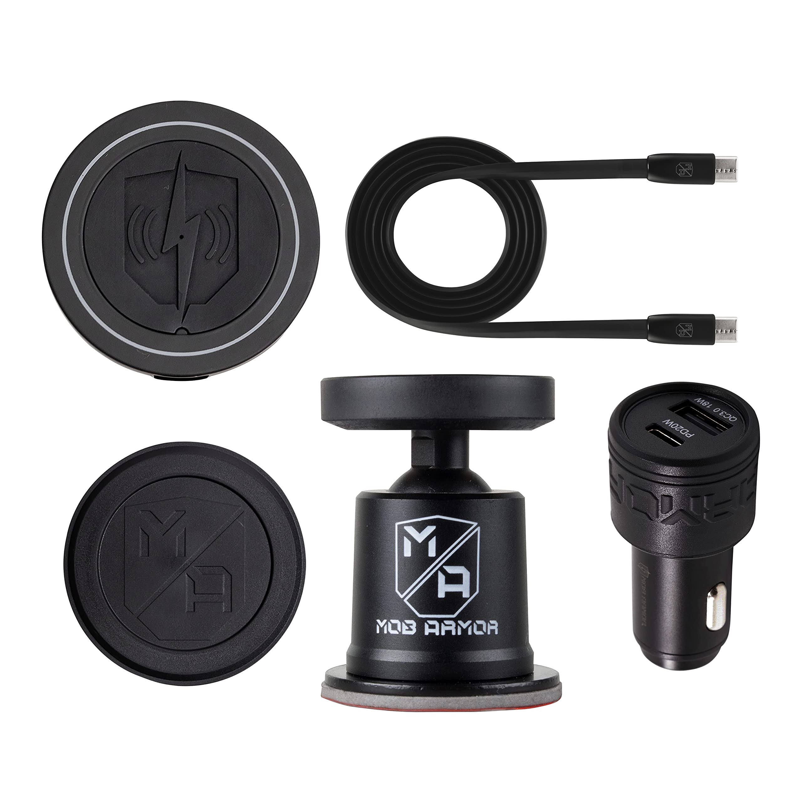 Mob Armor Flex Charge Plus Stixx - 38W Dual USB & USB C Fast Car Charger with Wireless Magnetic Phone Charger & Mobnetic Stixx Mount - Compatible with Android & iPhone - Perfect for Road Trips, Commuting & Hands-Free Driving