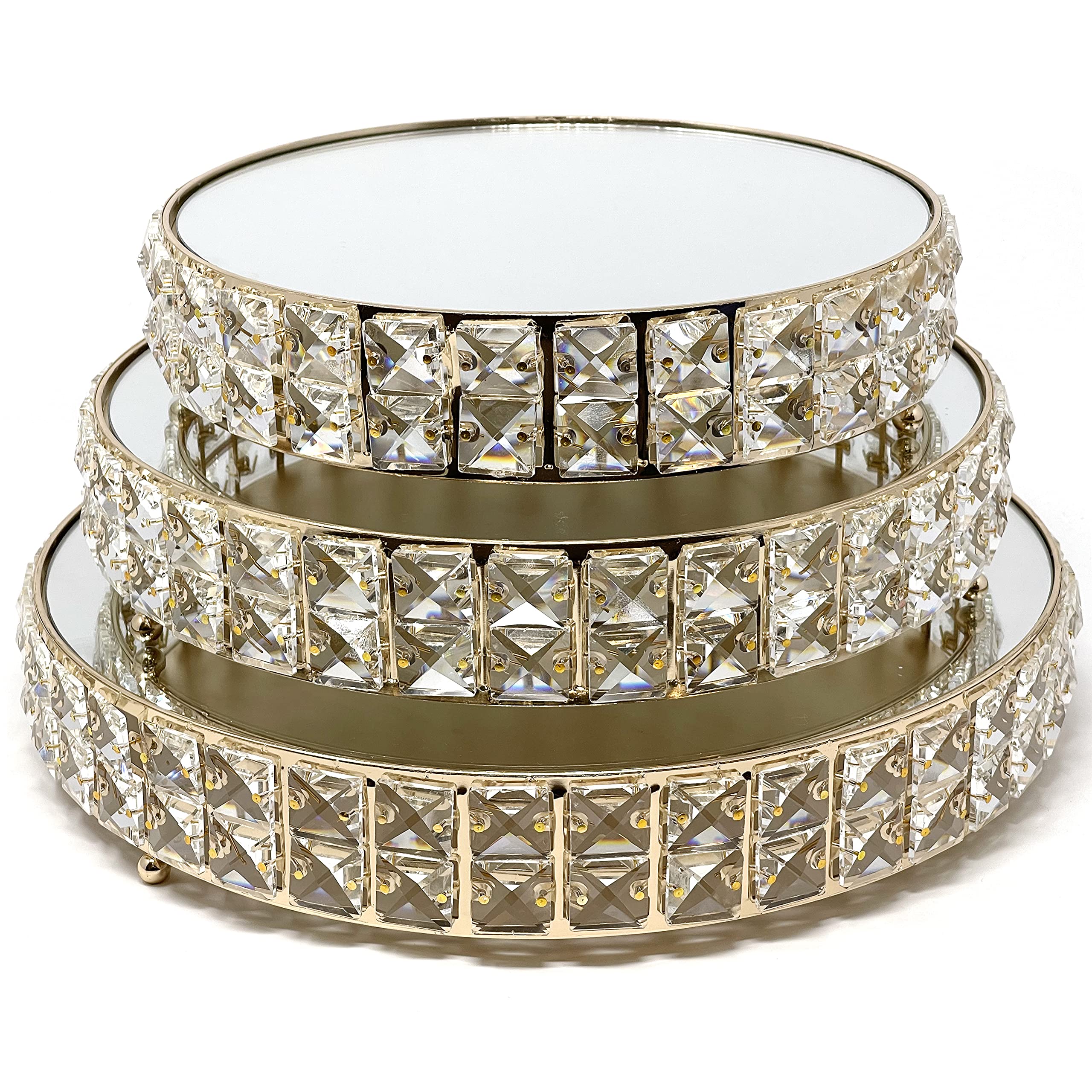 Allgala 3-Piece Gold Plated Crystal Wedding Cake Stand Set with Mirror Plate - Elegant Dessert Display for Cupcakes, Cheese & Cakes - Perfect for Weddings, Birthday Parties & Special Events (HD89202)