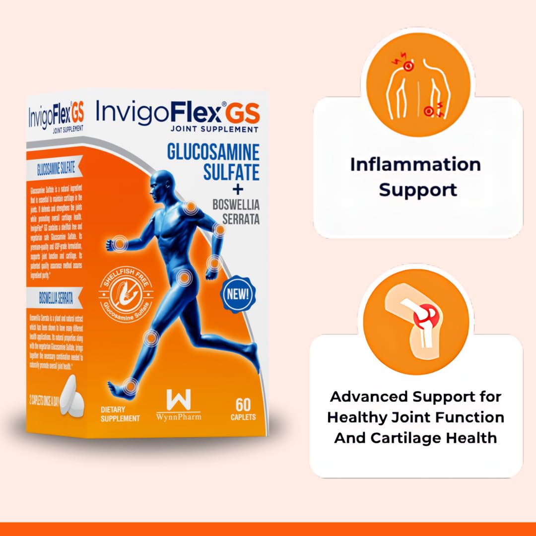 INVIGOFLEX Glucosamine Sulfate Joint Supplement - Shellfish Free, Sodium Free, Vegetarian Safe, Non-GMO, Gluten Free with Boswellia Serrata - Premium Joint Support for Active Adults & Seniors - 2 Pack - Ideal for Post-Workout Recovery & Daily Joint Maintenance