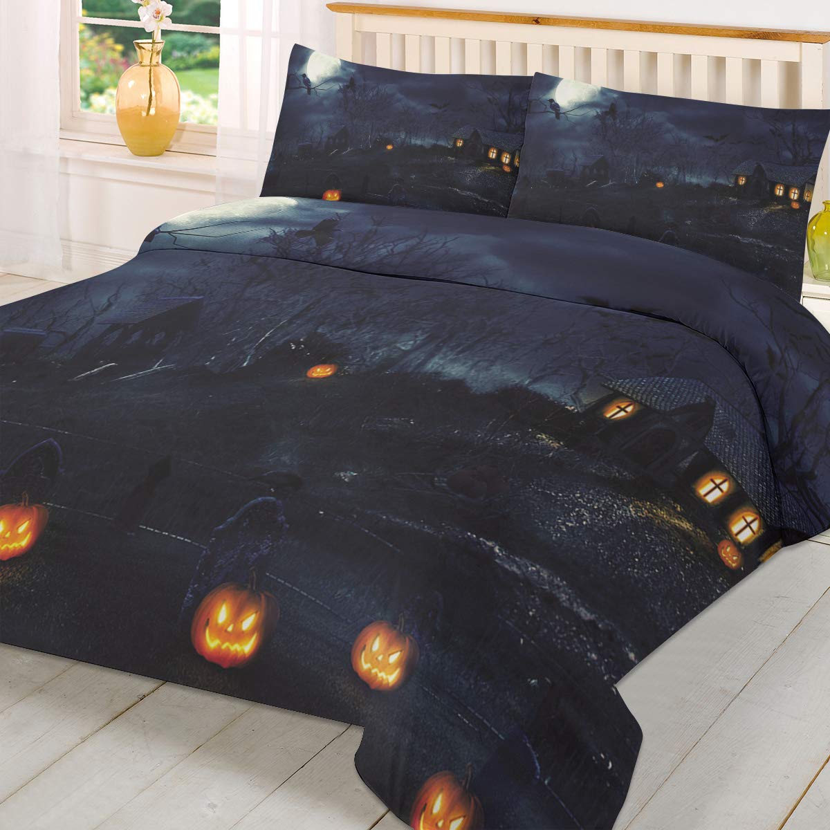 Halloween Haunted House Duvet Cover Set - 3 Piece Twin Size Bedding with 2 Pillow Shams | Soft Lightweight Comforter Cover in Pumpkin Forest Design | Perfect for Spooky Bedroom Decor, Kids Room & Halloween Party Themes