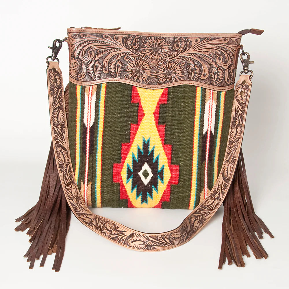 Handcrafted Green Aztec Leather Crossbody Bag for Women - Boho Chic Tribal Purse with Tooled Detailing | Perfect for Festivals, Travel & Everyday Use