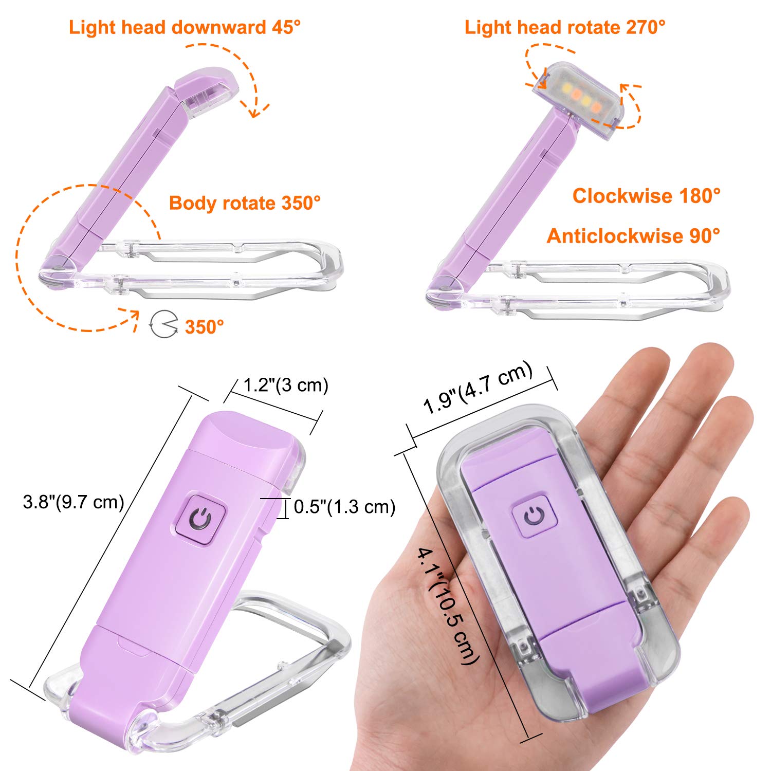 USB Rechargeable LED Book Light with Adjustable Brightness - Clip On Reading Light for Kids & Adults, Eye Protection Bookmark Light for Bedtime Reading, Perfect Gift for Book Lovers (Violet) - Ideal for Night Reading, Studying, Travel and Camping