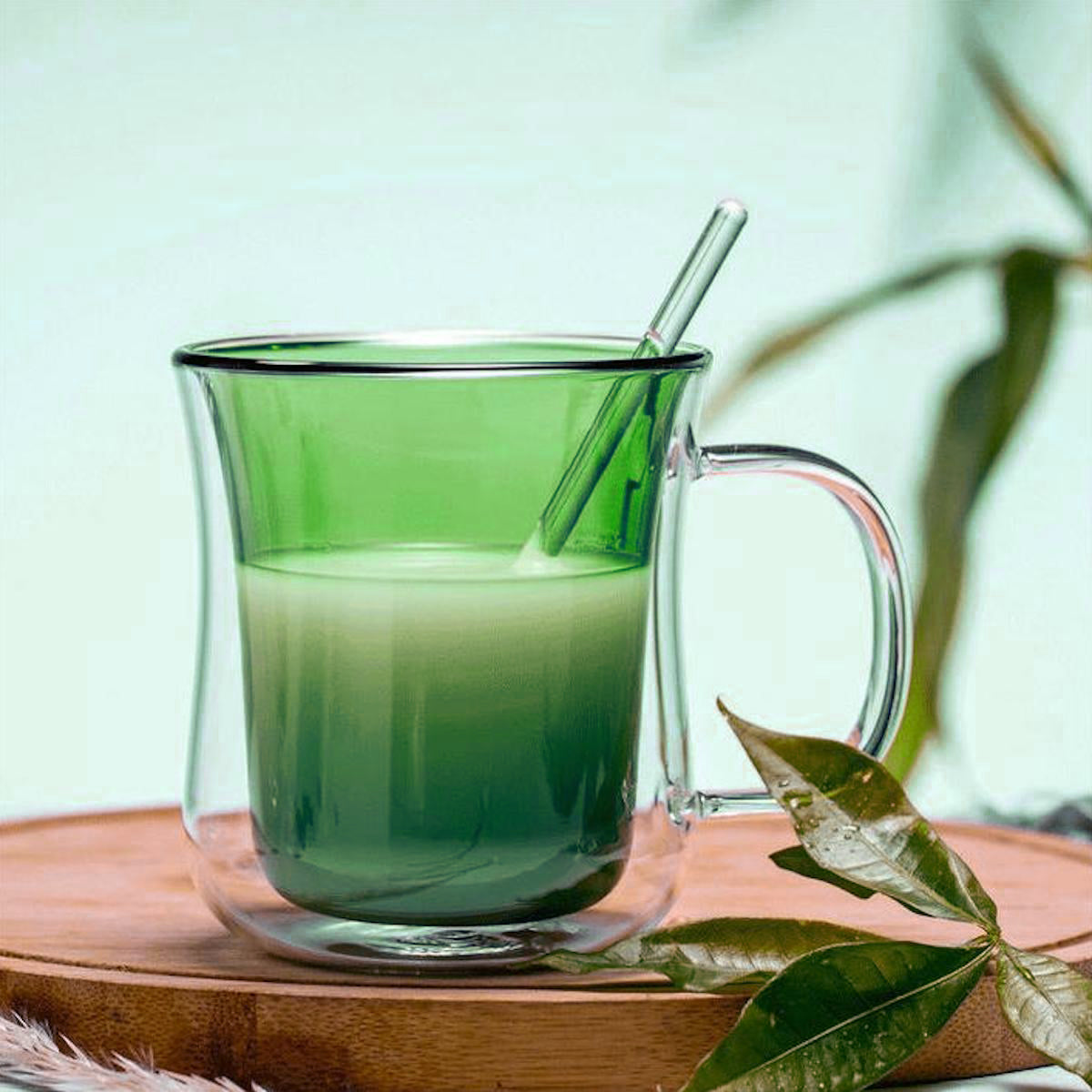 I.XXI Double Wall Insulated Green Wave Glass Coffee Mug with Handle - 250ml (8.5oz) - Perfect for Hot & Cold Beverages, Home, Office, and Outdoor Use