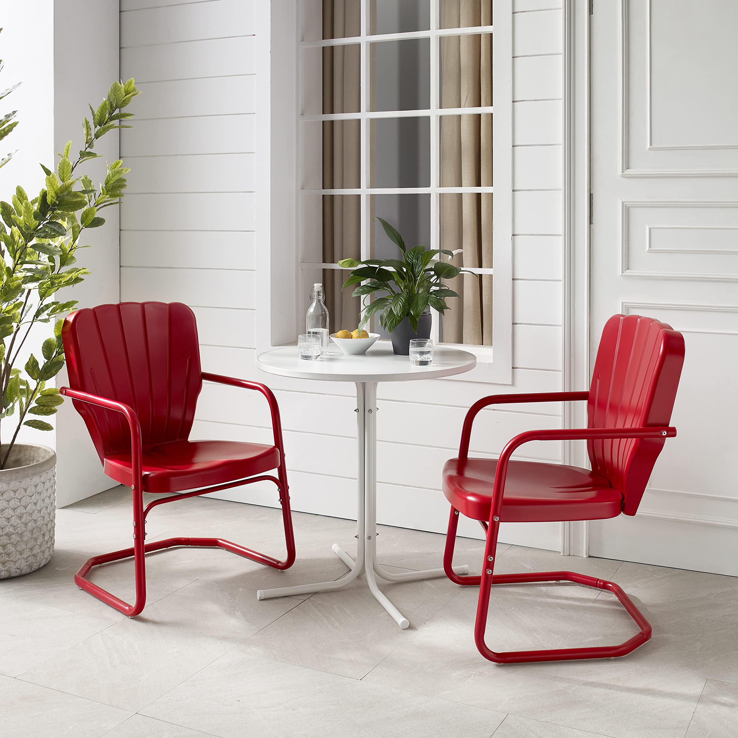Crosley Furniture Ridgeland 3-Piece Outdoor Bistro Set - Retro Metal Patio Table and Chairs for Dining, Porch, Garden or Balcony - Bright Red Gloss Finish - Perfect for Small Spaces, Morning Coffee or Outdoor Entertaining