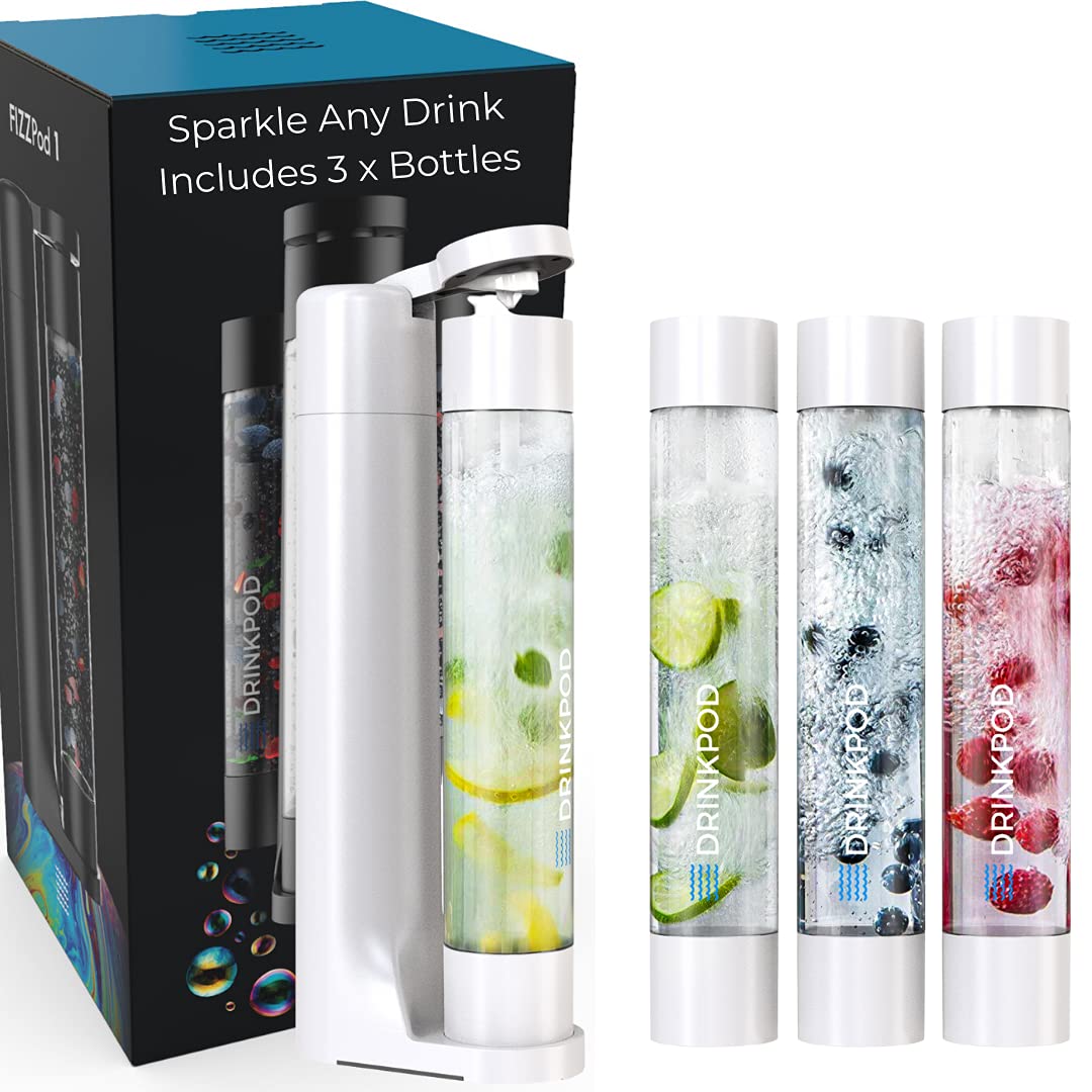 Fizzpod Sparkling Water Maker - Soda Machine with 3 x 1L Carbonating Bottles, Compatible with 60L CO2 Carbonator - Make Homemade Seltzer & Fruit-Infused Fizzy Drinks - Perfect for Parties, Home Bars & Healthy Hydration