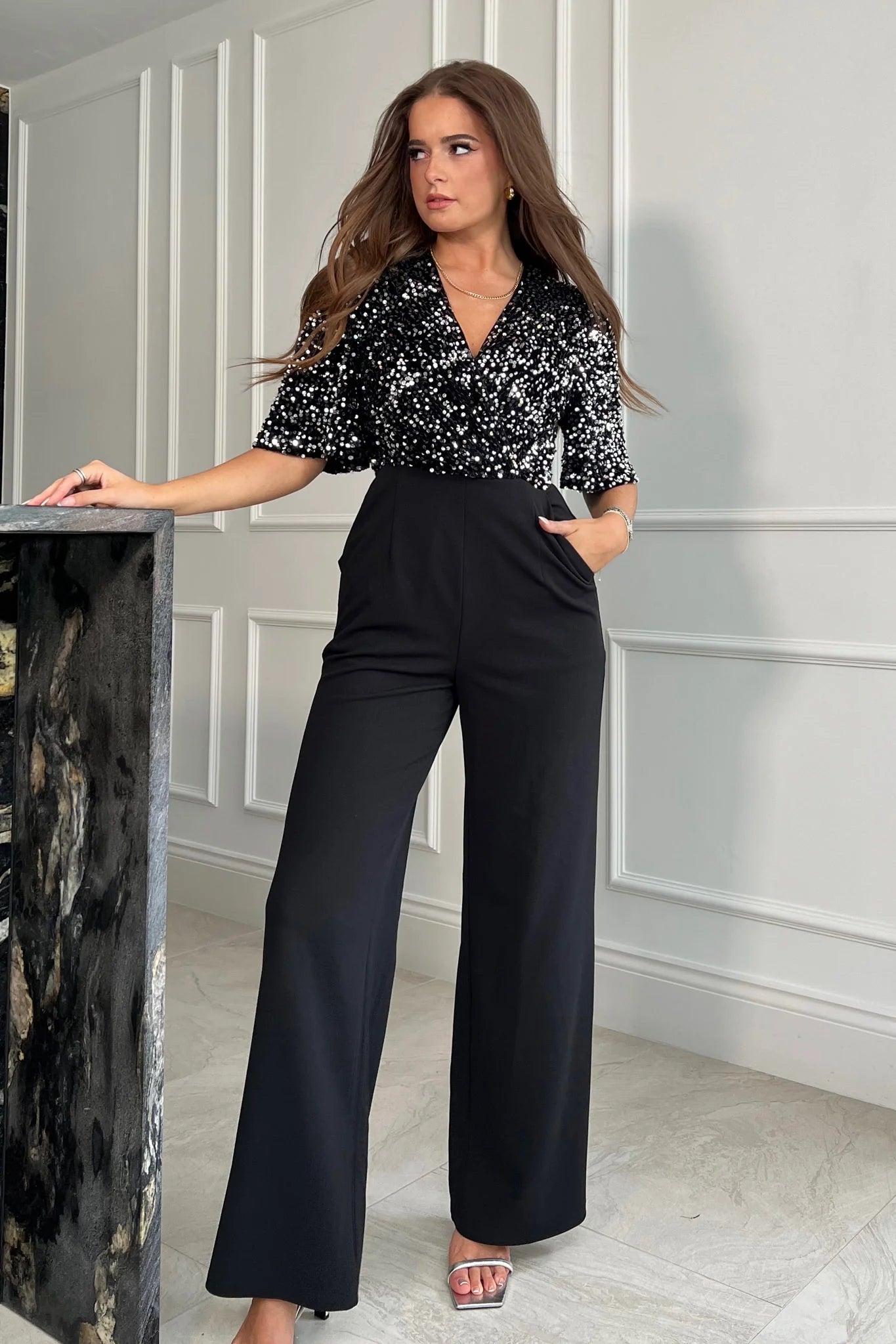 Delphine Silver Sequin Wide Leg Jumpsuit for Women - Elegant Black Party Outfit for Evening Events, Night Out & Special Occasions