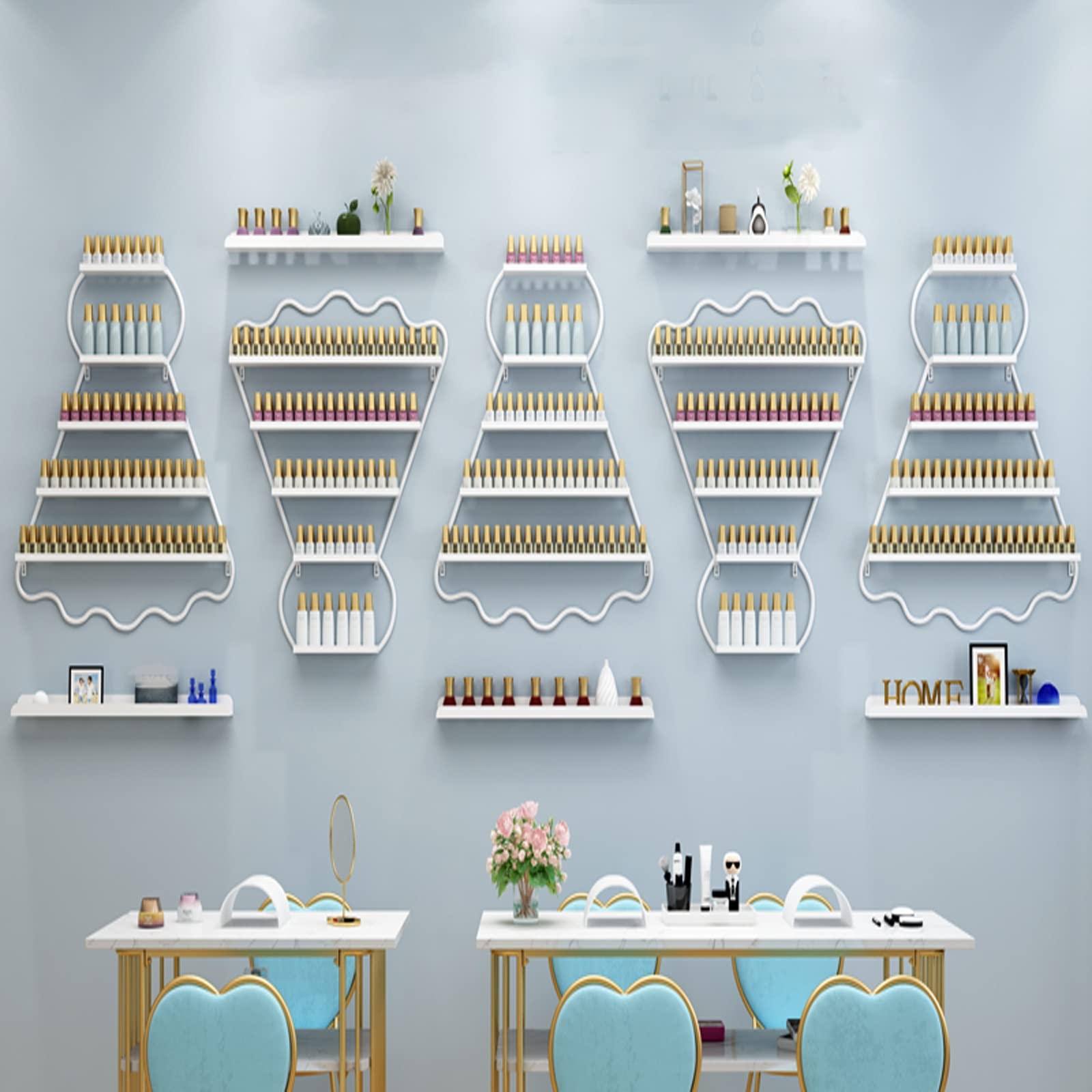 Premium Nail Polish Storage Rack - Wall Mounted Organizer for Salon & Home Use | White/Black/Gold European Style Badminton Design | Stable Structure for 10 Bottles | Perfect for Spa, Nail Studio & Beauty Business Organization