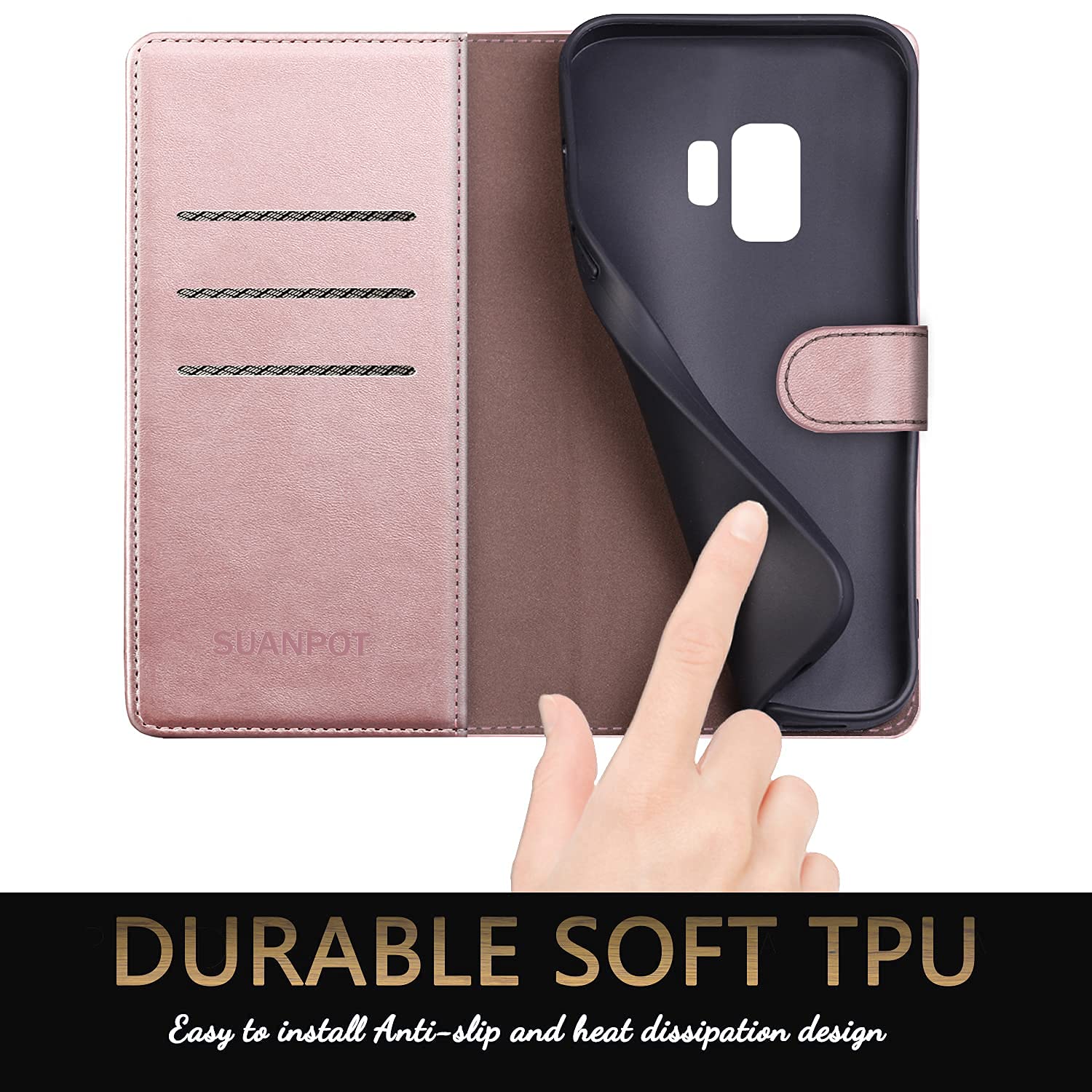 RFID Blocking Leather Wallet Case for Samsung Galaxy S9 - Rose Gold | Slim Folio Cover with Card Holder for Daily Use