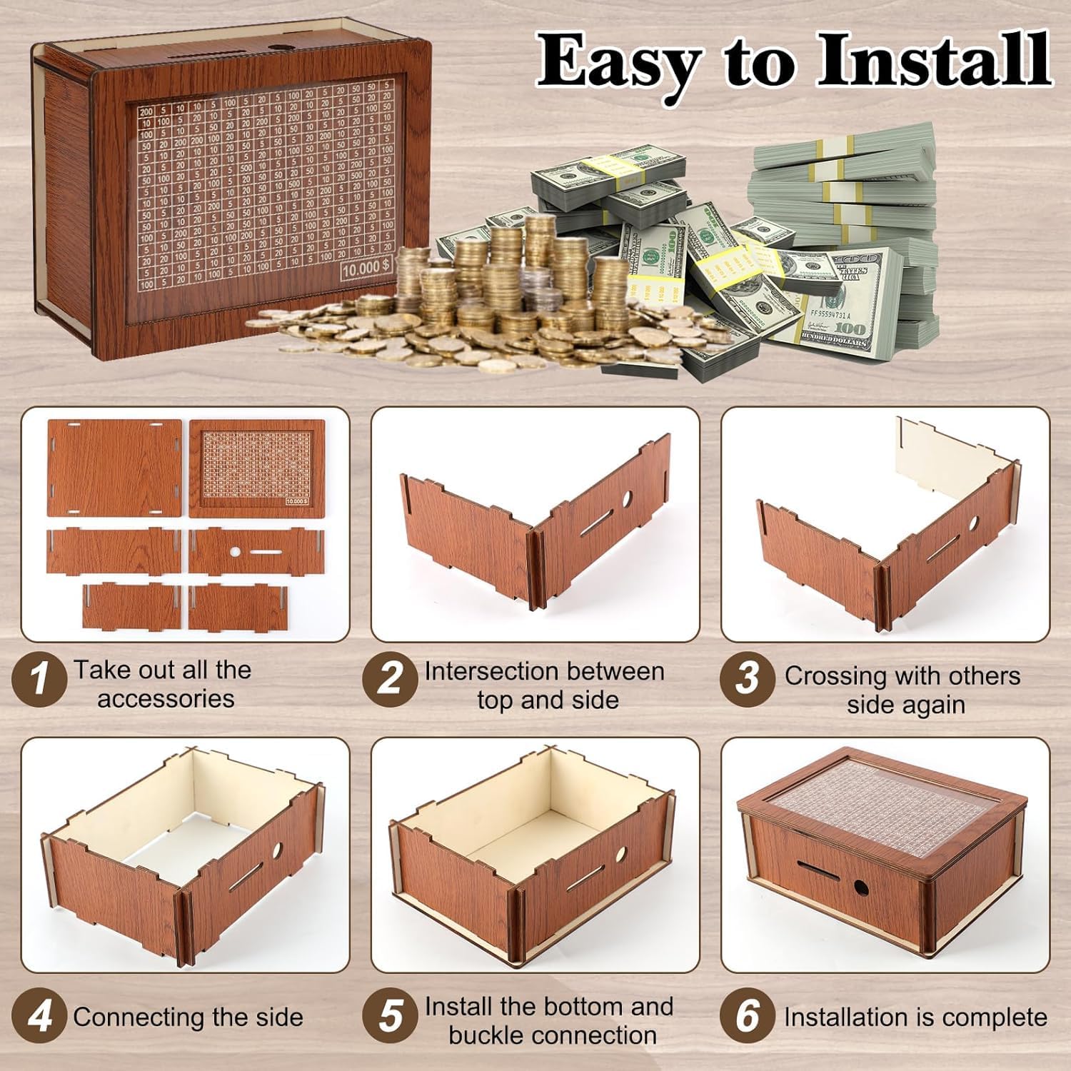 Wooden Reusable Money Saving Box - 10000 Savings Challenge Piggy Bank for Adults & Kids with $10000/5000/3000/2000/1000/500 Targets - Best Gift for Family & Friends (8 Sheets, Brown) - Perfect for Budgeting, Financial Goals & Teaching Kids Money Management