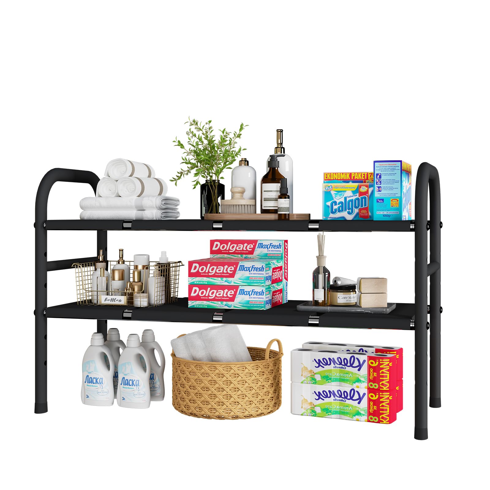 Expandable Under Sink Organizer - 2 Tier Kitchen & Bathroom Cabinet Storage Shelf with 8 Removable Plastic Boards - Perfect for Organizing Kitchen, Bathroom, Pantry, Entryway, Closet & Shoe Storage - Space Saving Home Organization Solution