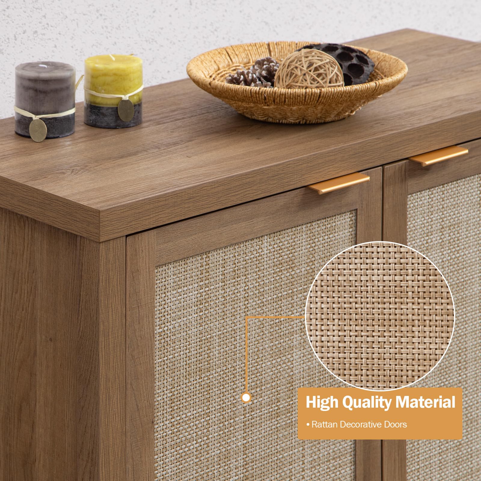 SICOTAS 2-Piece Rattan Sideboard Buffet Cabinet - Farmhouse Kitchen Storage, Coffee Bar Console Table - Boho Accent Furniture for Entryway, Living Room - Oak Wood Finish | Perfect for Home Decor, Dining Room Storage & Entertainment Areas