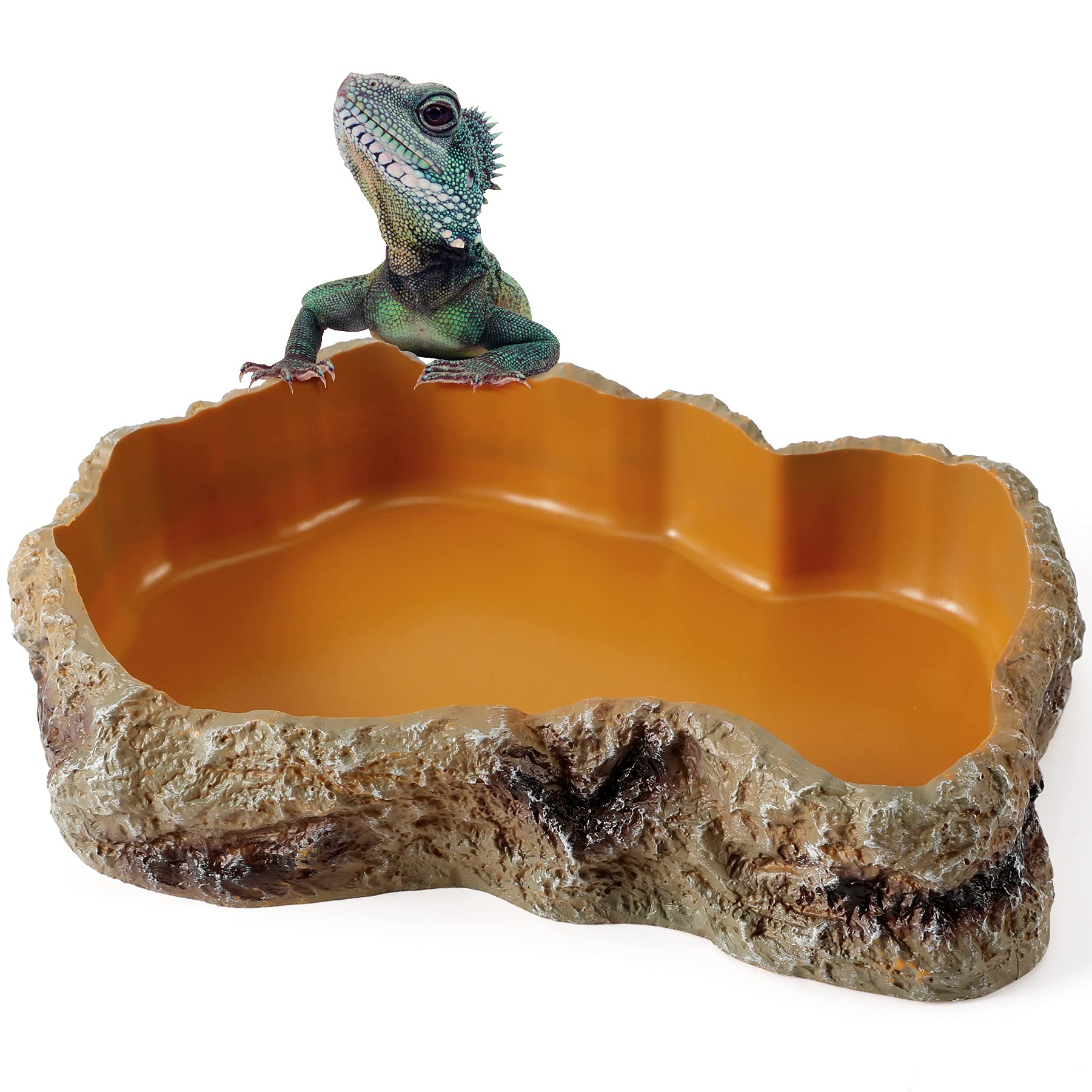 Natural Resin Reptile Food & Water Rock Bowls - Dual-Purpose Worm Feeder Dish & Terrarium Decor for Lizards, Chameleons, Frogs, Bearded Dragons | Perfect for Desert & Tropical Habitat Setups