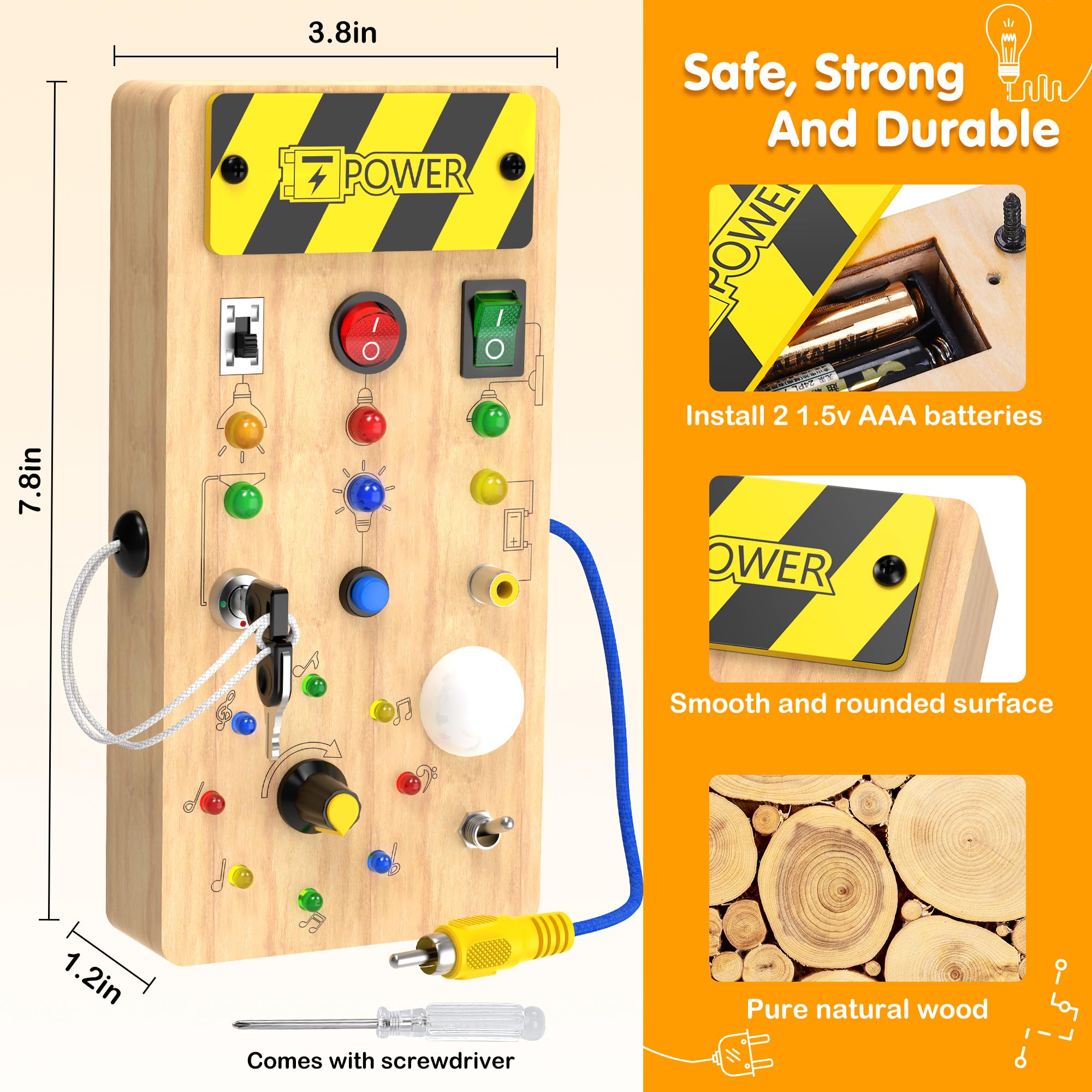 Montessori Busy Board - Wooden Sensory Toy with Light Switch for Toddlers 1-4 Years - Perfect for Travel & Learning