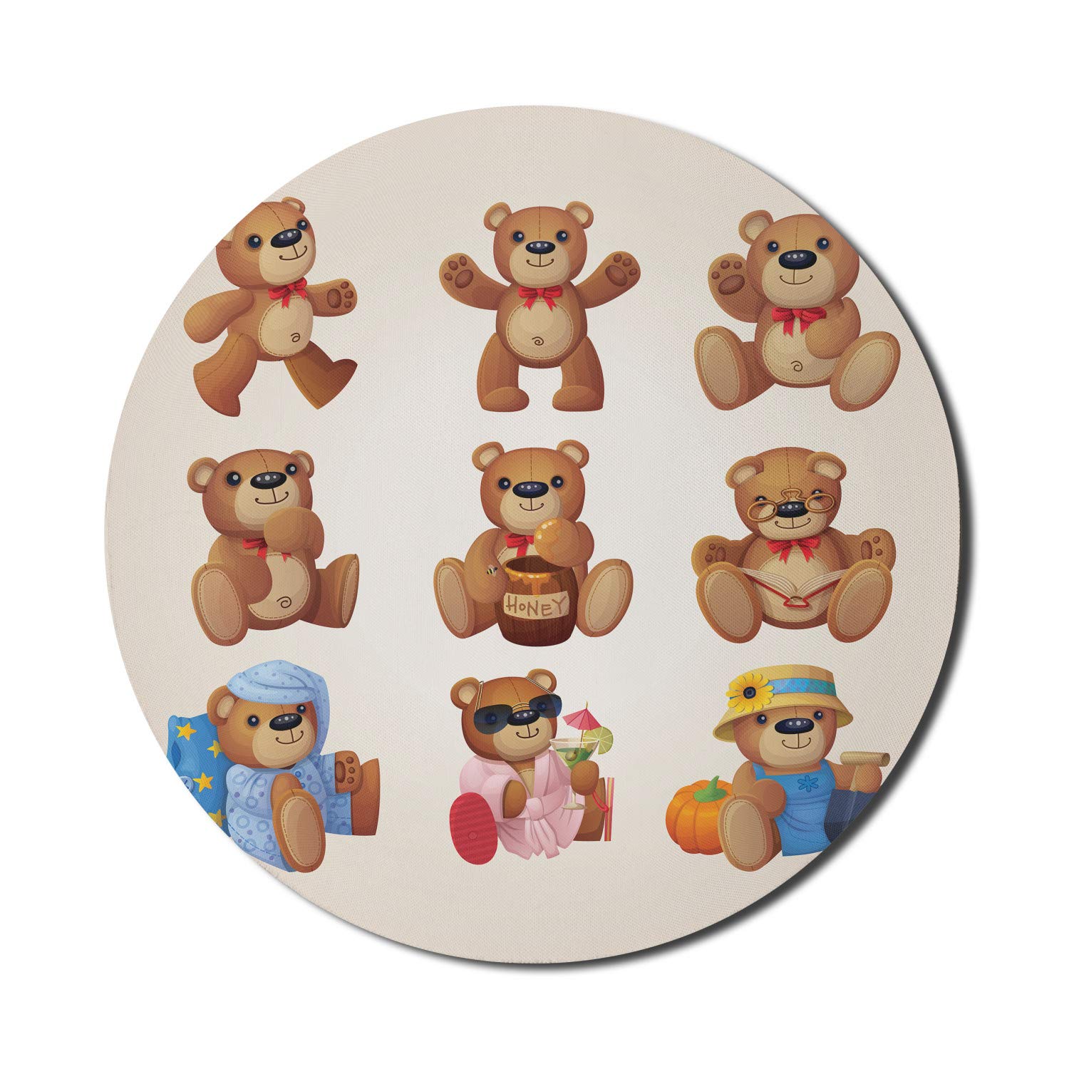 Ambesonne Cartoon Mouse Pad - Happy Toy Teddy Bears with Funny Faces, Non-Slip Thick Rubber Gaming Mousepad, 8 Inch Round (Chocolate Cream) - Perfect for Office, Gaming & Computer Workstations