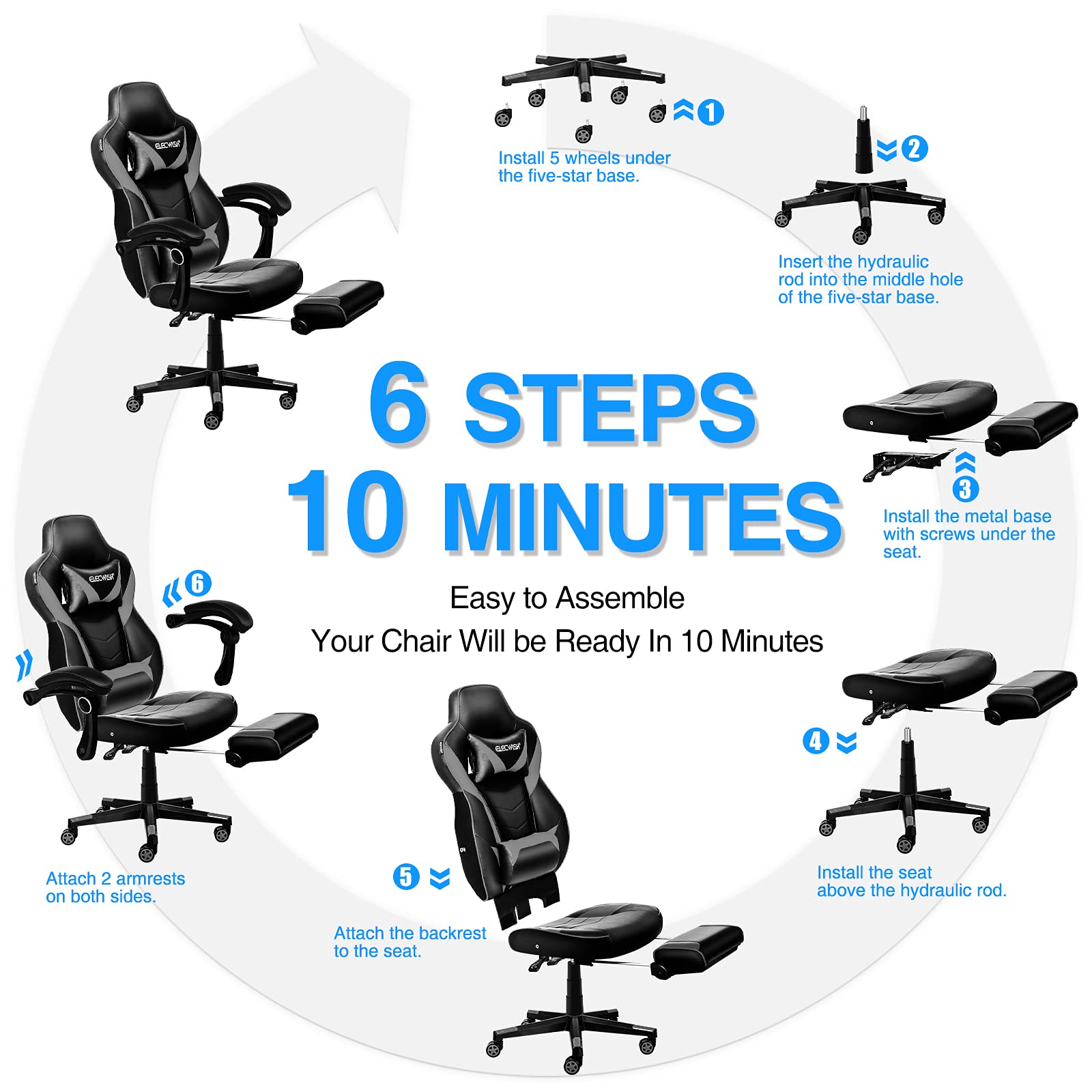 ELECWISH Ergonomic Gaming Chair with Footrest & Lumbar Support - for Office & Racing Game Setup