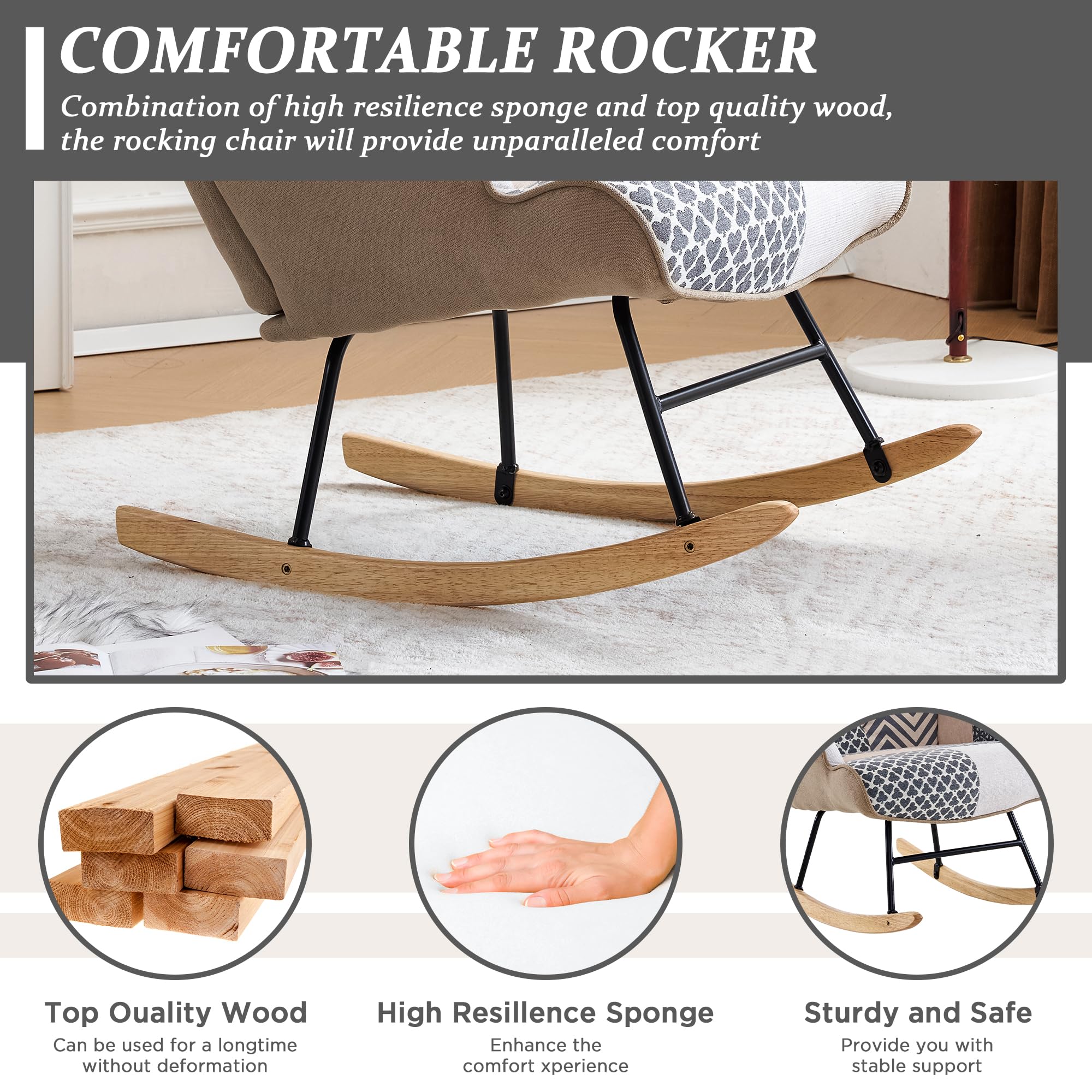 Comfortable High Back Glider Rocking Chair with Wooden Legs - Nursery, Living Room & Bedroom Accent Chair - Perfect for Nursing, Reading & Relaxing (Gray)