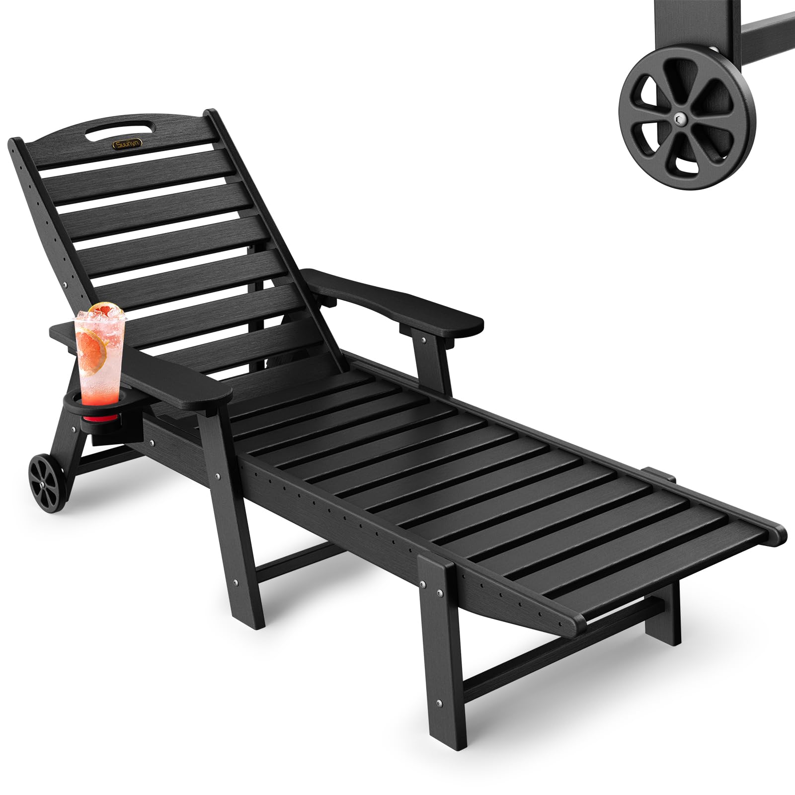 6-Position Adjustable HDPE Outdoor Chaise Lounge Chair with Wheels & Cup Holder - Patio, Poolside, Deck & Backyard Relaxation - Black