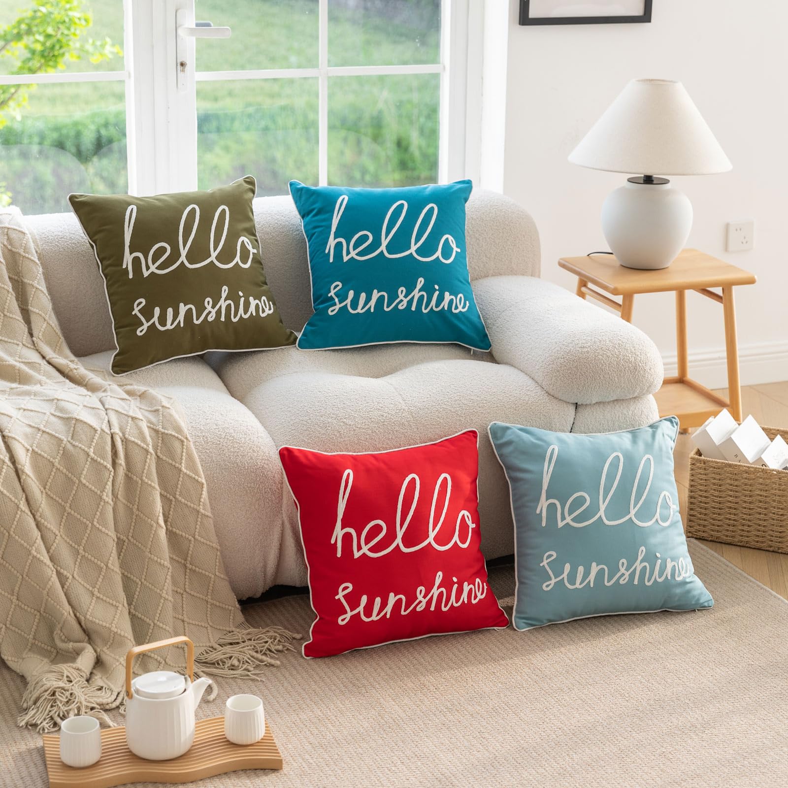 YIcabinet Set of 2 Soft Solid Decorative Square Throw Pillow Covers 18x18 Inch - Green Hello Sunshine Pattern for Sofa, Bedroom, Outdoor Patio & Car Decor - Perfect for Home Accent, Living Room Coziness and Seasonal Decorations