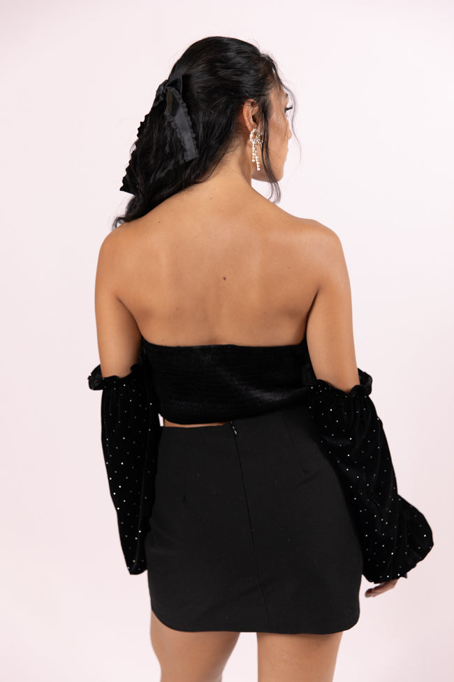 Brightest Star Black Off The Shoulder Rhinestone Studded Velvet Top for Women | Elegant Party Wear & Evening Outfits | Perfect for Date Nights, Prom & Special Occasions