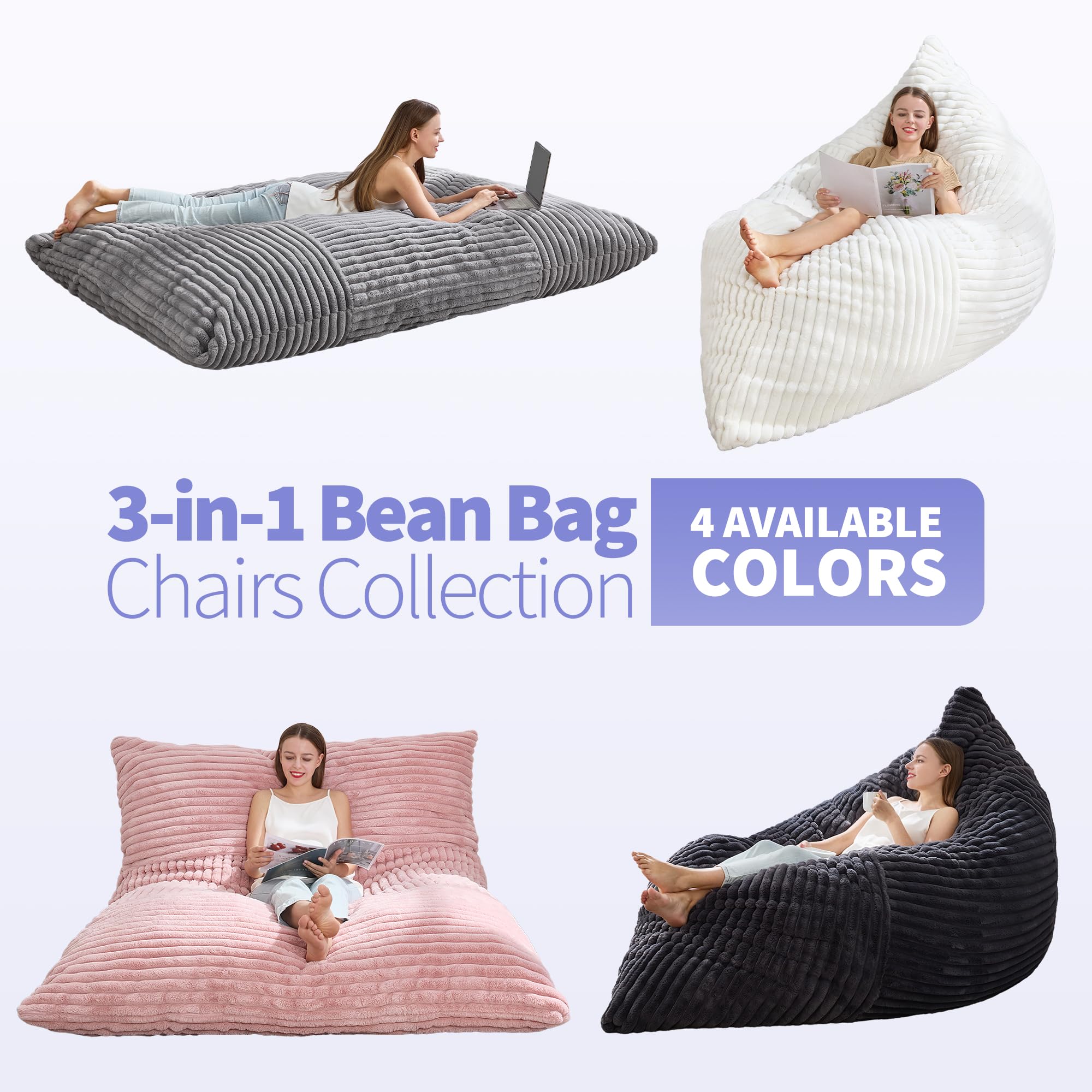 Hobestluk 3-in-1 Convertible Bean Bag Chair - Giant Floor Cushion with Machine Washable Cover for Adults (White) | Perfect for Living Room, Bedroom & Gaming Lounge Relaxation