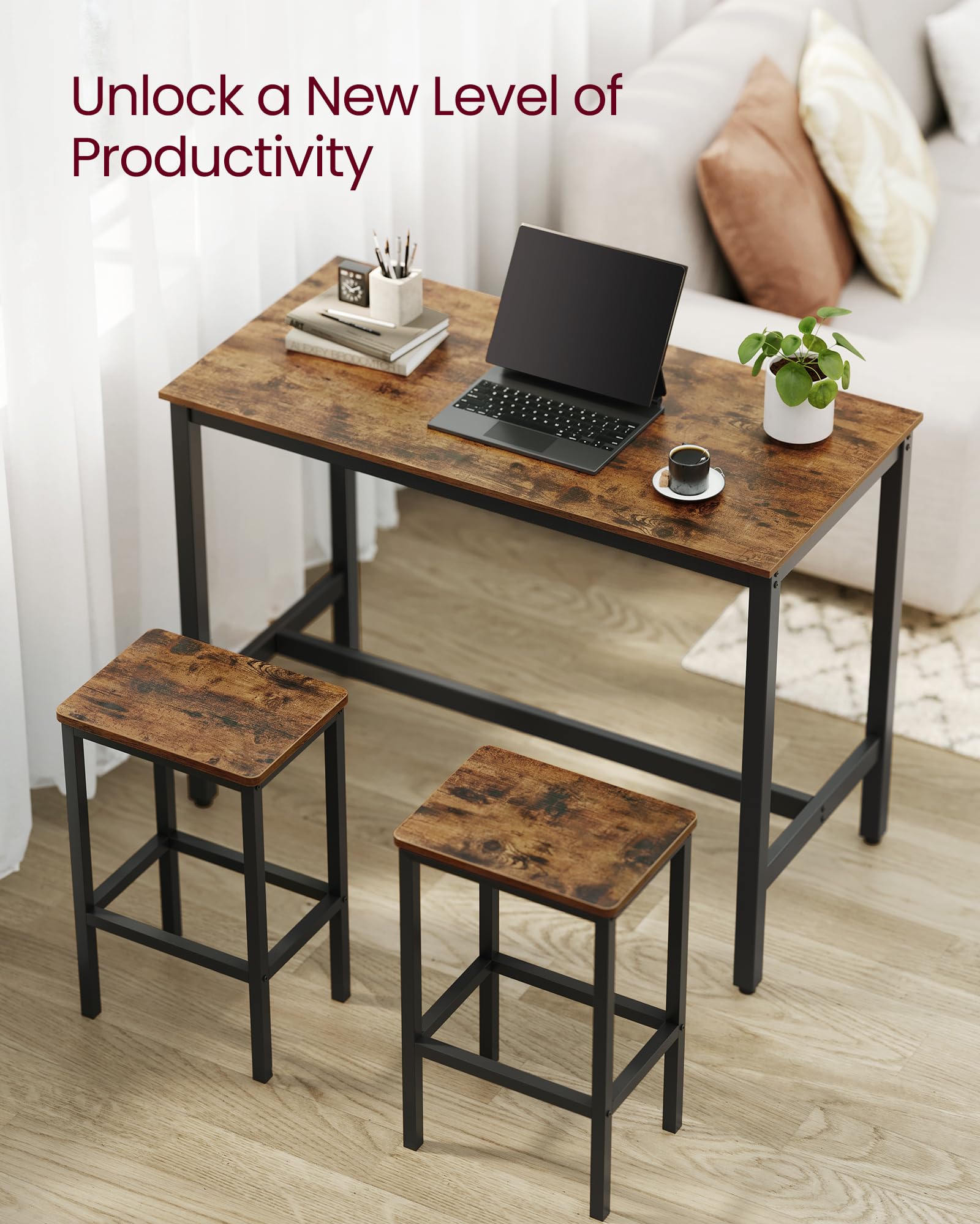 VASAGLE Industrial Bar Table Set with 2 Bar Stools - Rustic Brown and Black Kitchen Counter Height Dining Set for Living Room, Party Room, and Home Bar Decor ULBT15X