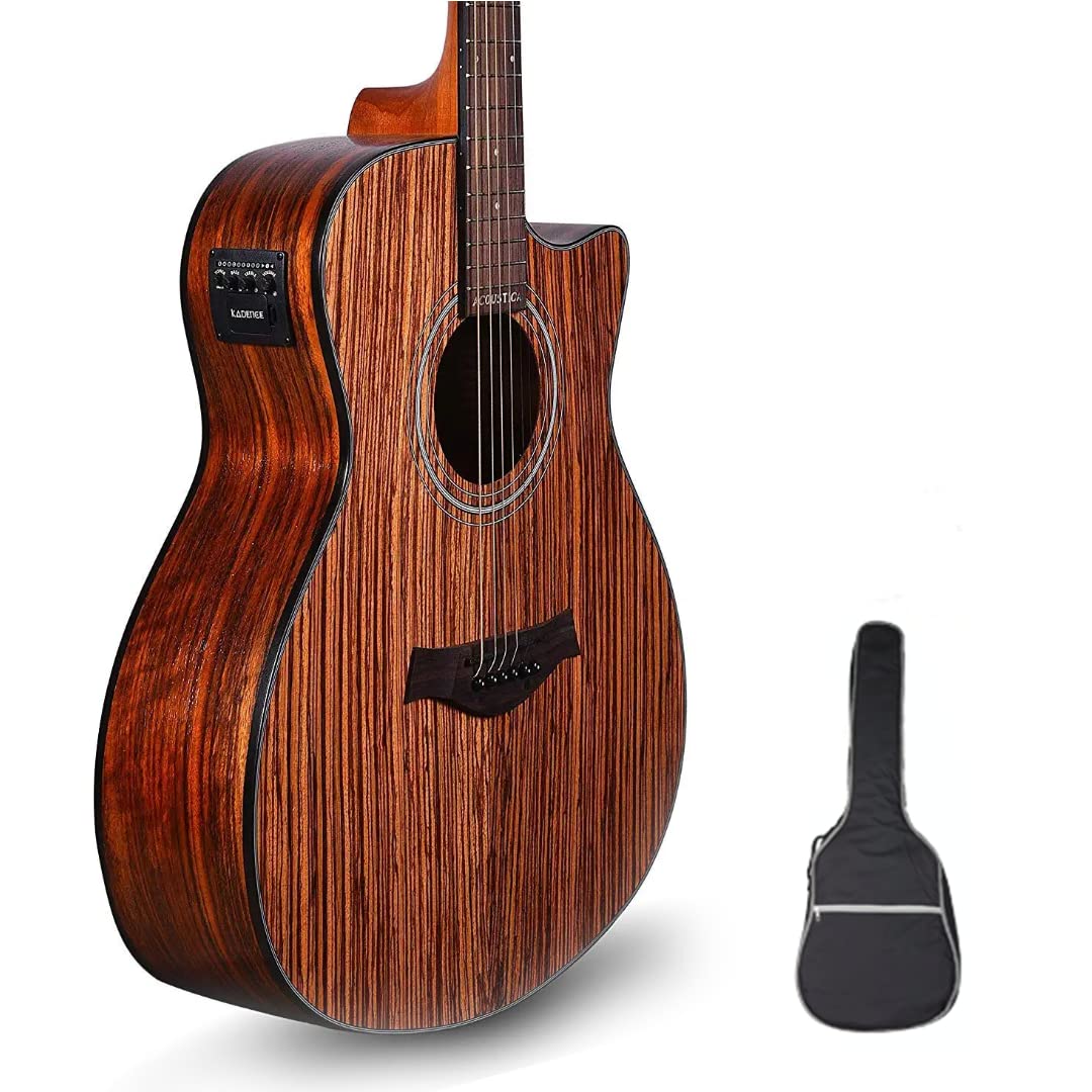 Kadence Acoustica Series Zebra Wood Acoustic Electric Guitar with Pickup, Built-in Tuner & Gig Bag - Professional & Beginner Friendly Acoustic Guitar for Live Performances, Studio Recording & Home Practice