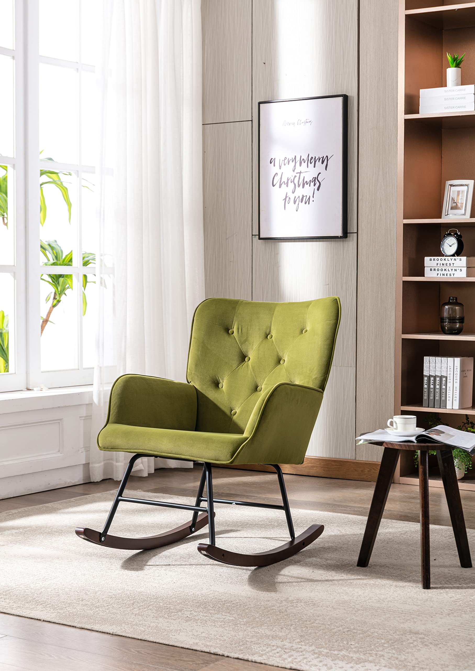 Ergonomic High Back Rocking Chair with Cozy Armrest - Comfortable Living Room Recliner in Olive Green | Perfect for Reading, Relaxing & Nursing in Bedroom, Nursery or Porch