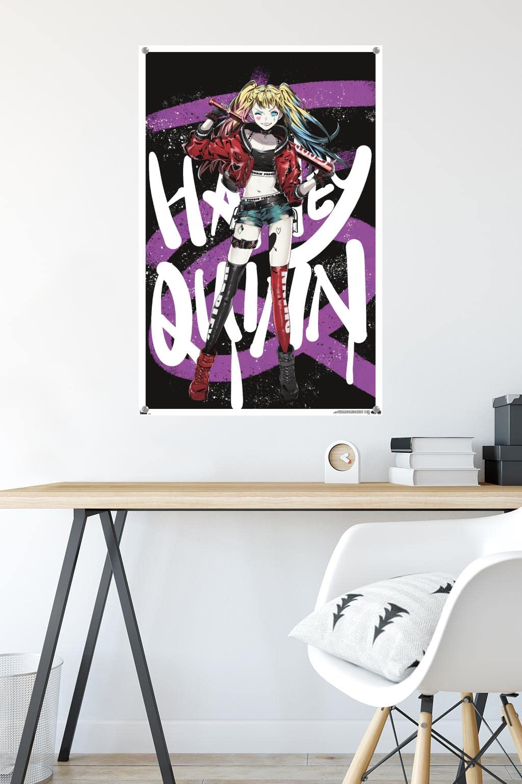 DC Comics Harley Quinn Anime Bat Wall Poster with Push Pins - Perfect for Bedroom, Dorm & Comic Fan Decor