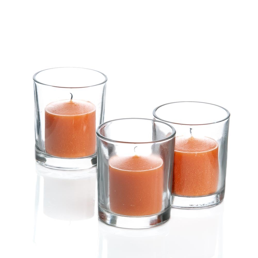 144-Pack Richland Unscented Orange Votive Candles with 144 Clear Glass Eastland Votive Holders - Perfect for Weddings, Parties, Restaurants & Home Decor